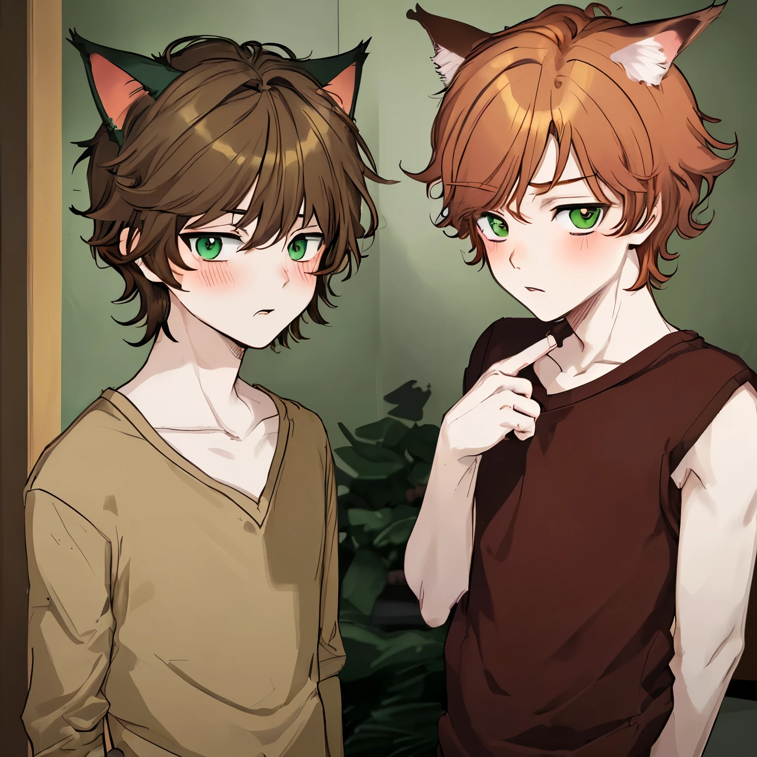 anime, boy, Brown hair, ginger, wavy short hair, cat boy, dark green eyes, home clothes, cat ears, Pale skin, blush