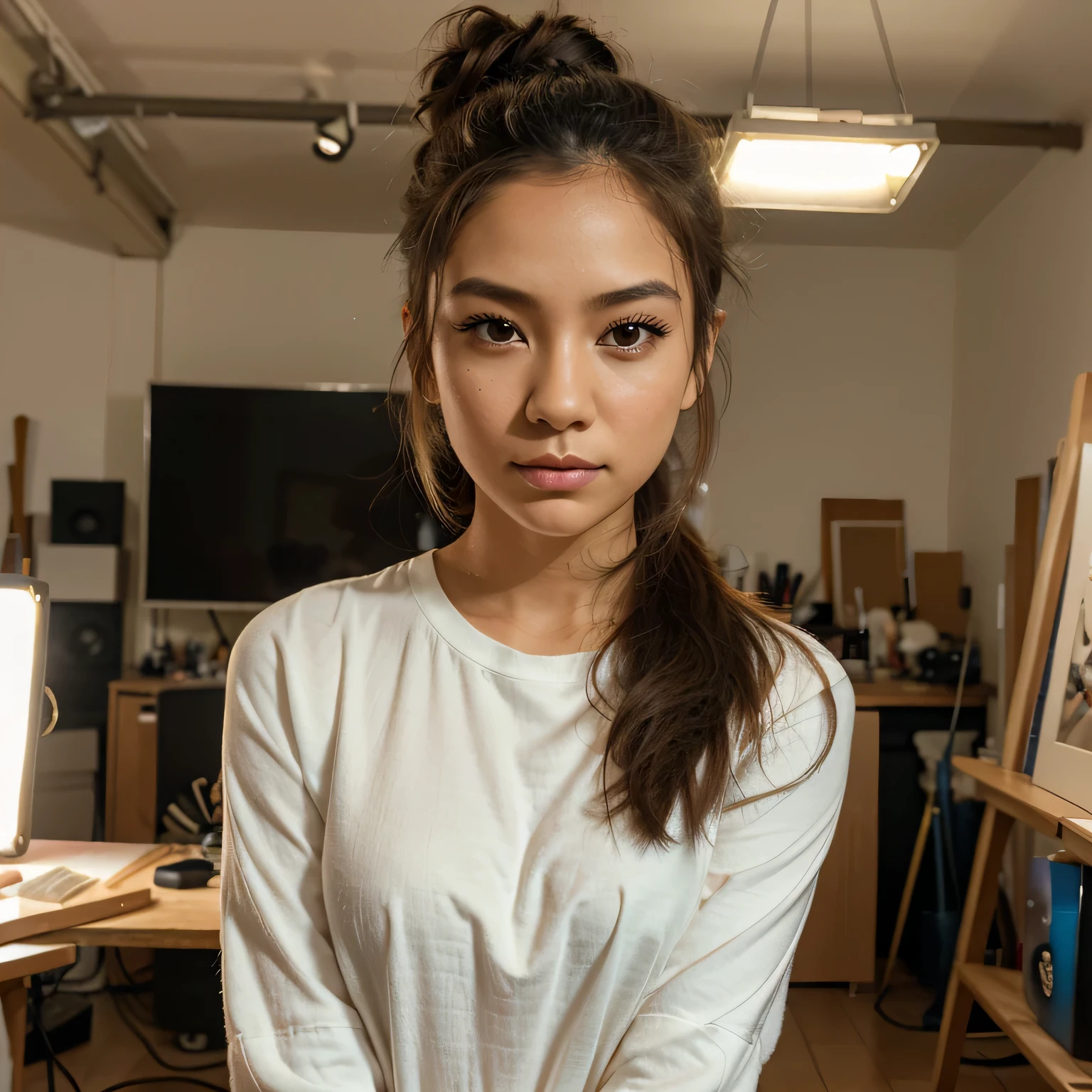 Heritage Fusion Portrait of Miyako Luz,
Location: Studio filled with natural light, surrounded by her artworks.
Outfit: Casual, chic attire with paint smudges to show her hands-on work.
Hairstyle & Makeup: Hair pulled back in a messy bun, minimal makeup showcasing her focus and dedication.
Equipment: Nikon D850 with a 24-70mm f/2.8 lens, capturing the wide range of her studio. Continuous LED panels ensure even lighting across her workspace.
