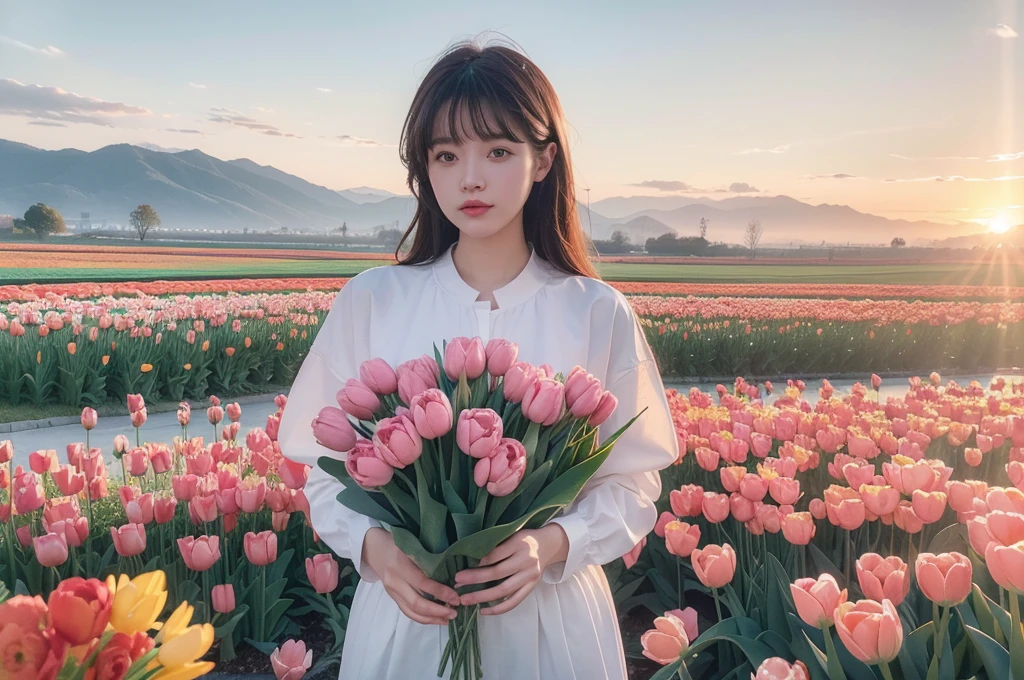 (masterpiece), (best quality), (very aesthetic), (ultra-detailed), (best illustration), realistic, morning, spring, sunrise, colorful tulips, wide angle, lady point, swallows,