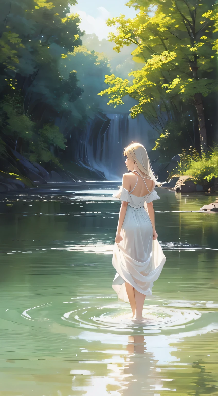 Image: A serene landscape with a woman in a white dress walking gracefully through the water.
The painting captures a moment of tranquility as the woman in the white dress walks gracefully through the water, her dress flowing down her body like silk. The artist's choice of impressionist style infuses the scene with a dreamy quality, as soft brushstrokes evoke a sense of movement and fluidity. The gentle ripples in the water create a serene backdrop, adding to the overall serene and ethereal tone of the painting. In this peaceful setting, the viewer can almost feel the cool water under their feet and the gentle breeze caressing their skin.
Descriptive keywords: Serene, graceful, dreamy, flowing
Photographic style: Soft focus, pastel colors, dreamlike quality
Tone: Serene, ethereal, peaceful
Object: Woman in a white dress
Action: Walking gracefully through the water