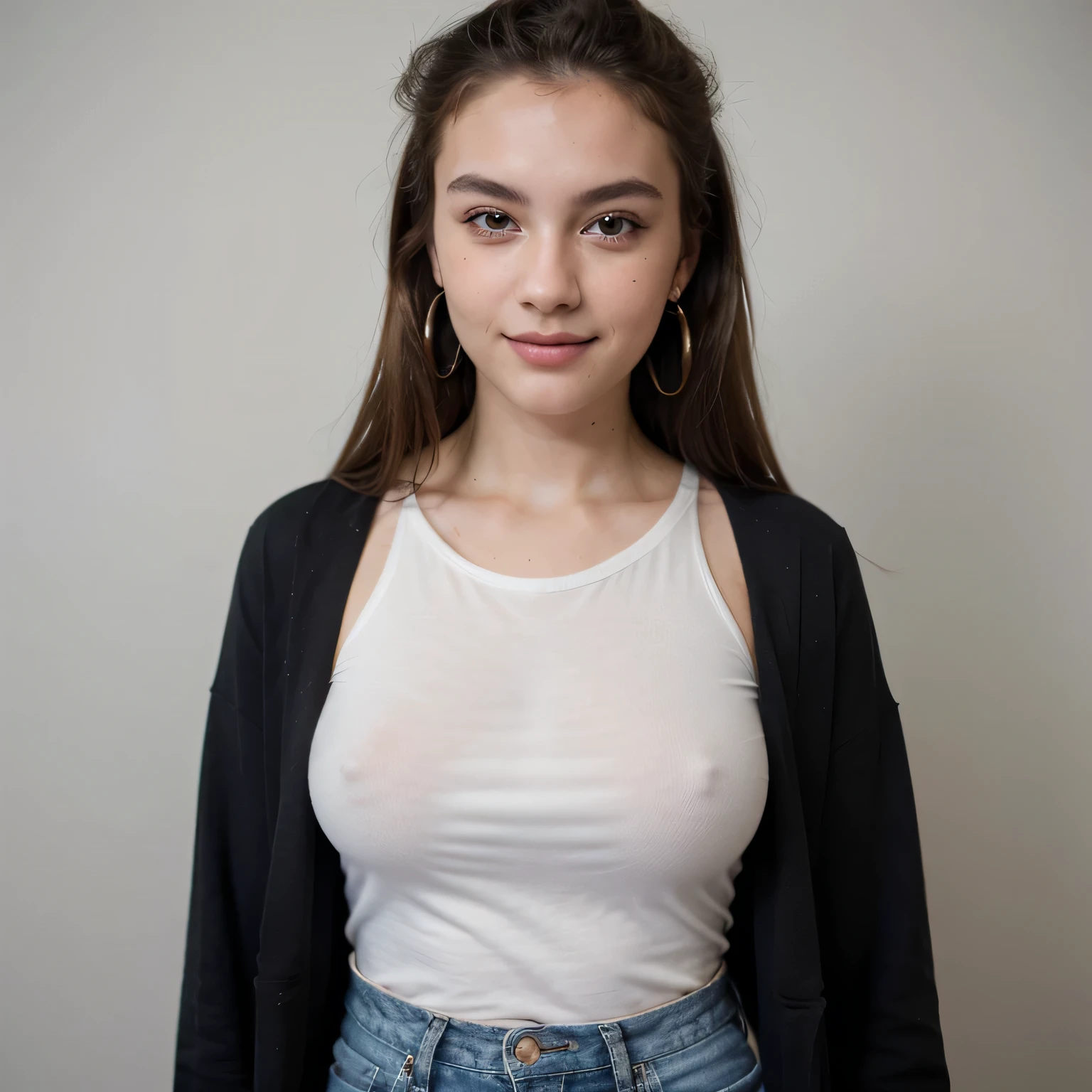 ((best quality)), ((masterpiece)), (detailed), perfect face, Photo of a 20 year old brunette woman, that has a very natural face, thin lips, thin eyes, thin eyebrows, thin nose, earrings, long eyelashes. Black blazer, white t-shirt, and denim jeans outfit.full-body shots, smile , Various poses