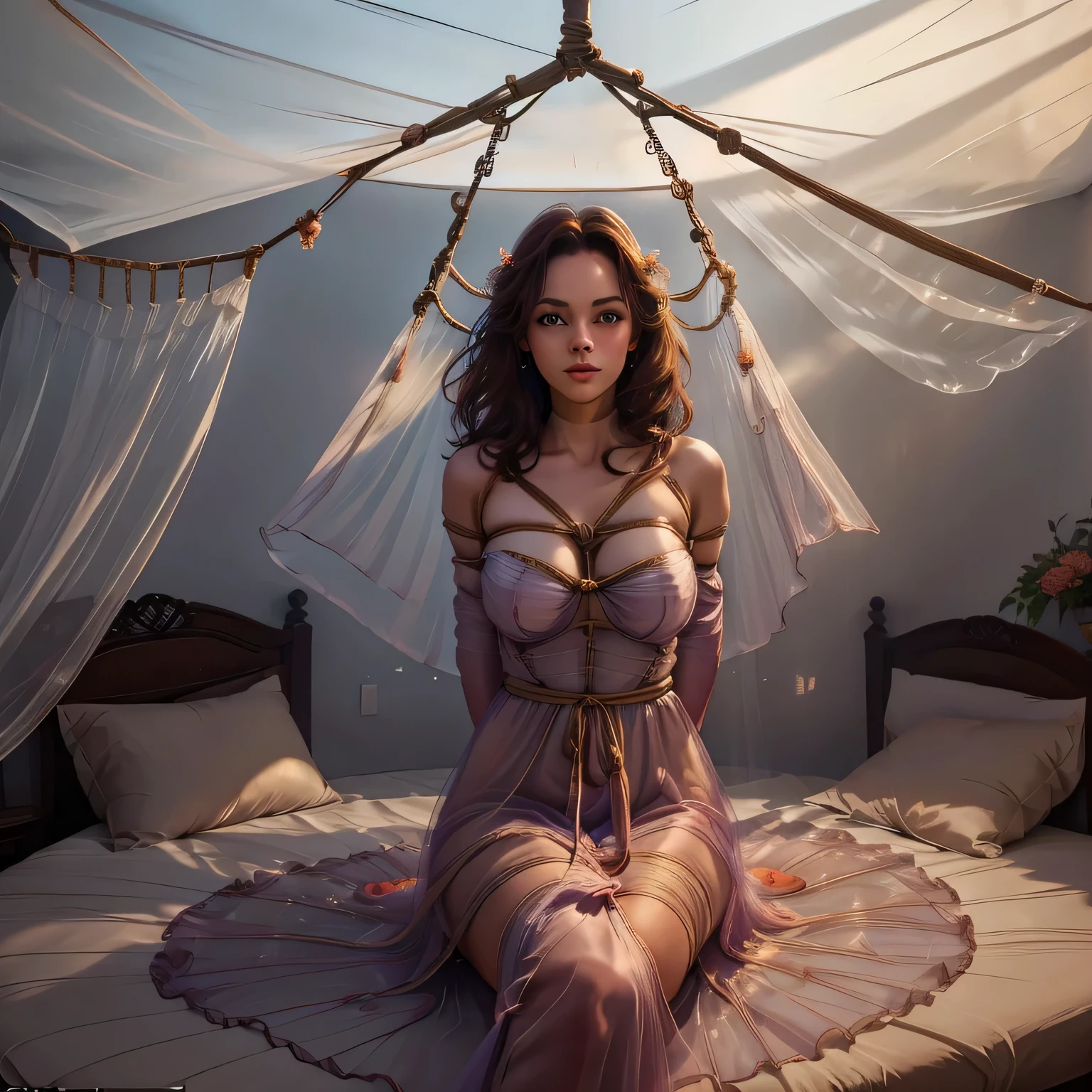 1girl,(bright lighting,romantic setting),dreamy background,,dark hair, mesmerizing gaze, , soft skin, alluring beauty, artistic portrait, high-quality image, vibrant colors,translucent long silk gown, mosquito net, romantic bedroom, sidesuspension,solobound