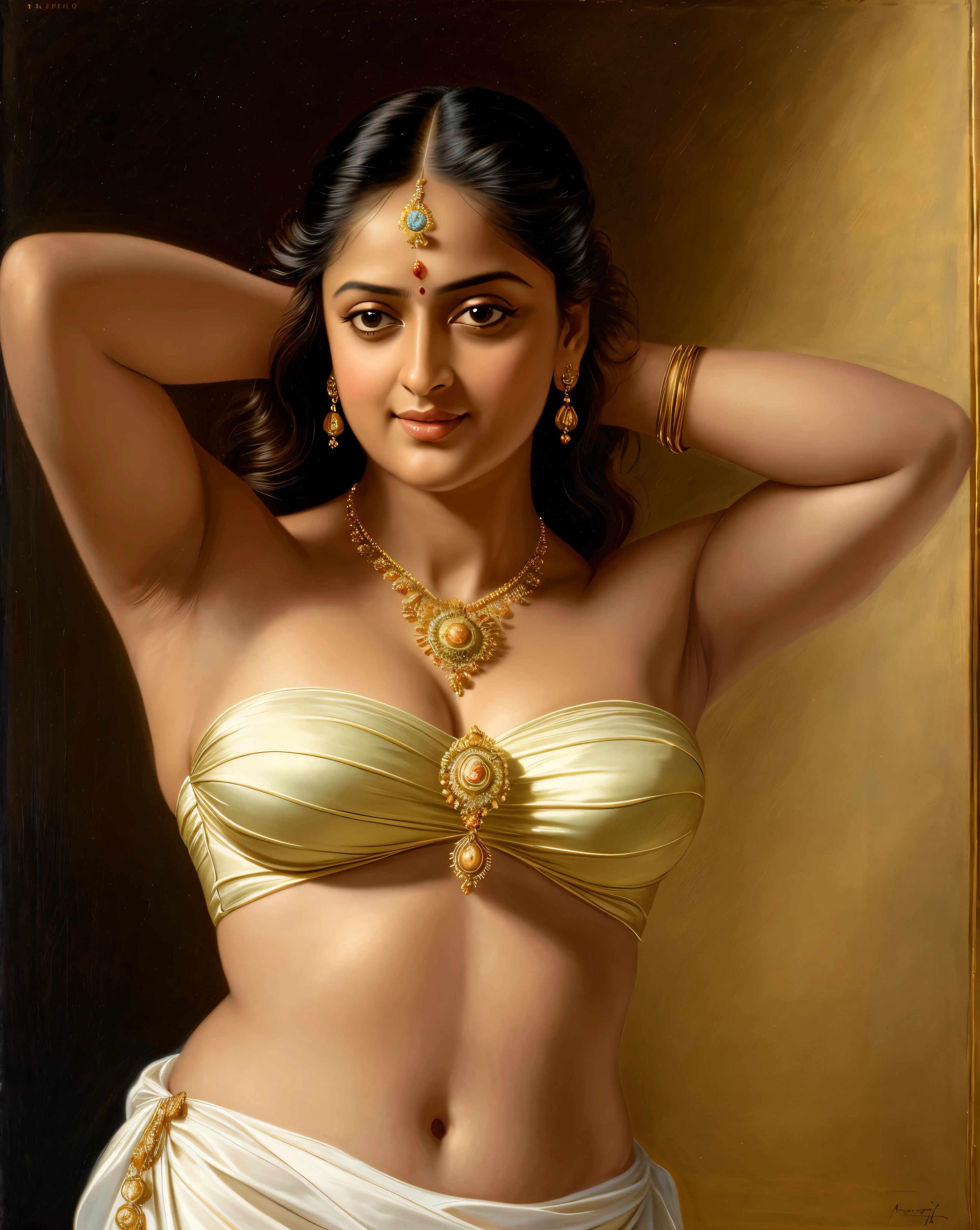 Looks like Anushka Shetty, Masterpiece, Best quality, high clarity eyes, critically flawless,sharp picture, Full portrait, High pixels, perfect face, perfect eyes, beautiful face, perfect hands,perfect fingers, in Peter Paul Rubens style, by Peter Paul Rubens, baroque style, acrylic on canvas, highly detailed, description: "Create a nymph inspired by the tales of Greek or Roman mythology, embodying the essence of a natural element or location, and possessing a unique ability or trait that sets her apart.", strapless Bra of ancient times, strapless bralette, armpits showing, detailed armpits, ravishing beauty queen, 