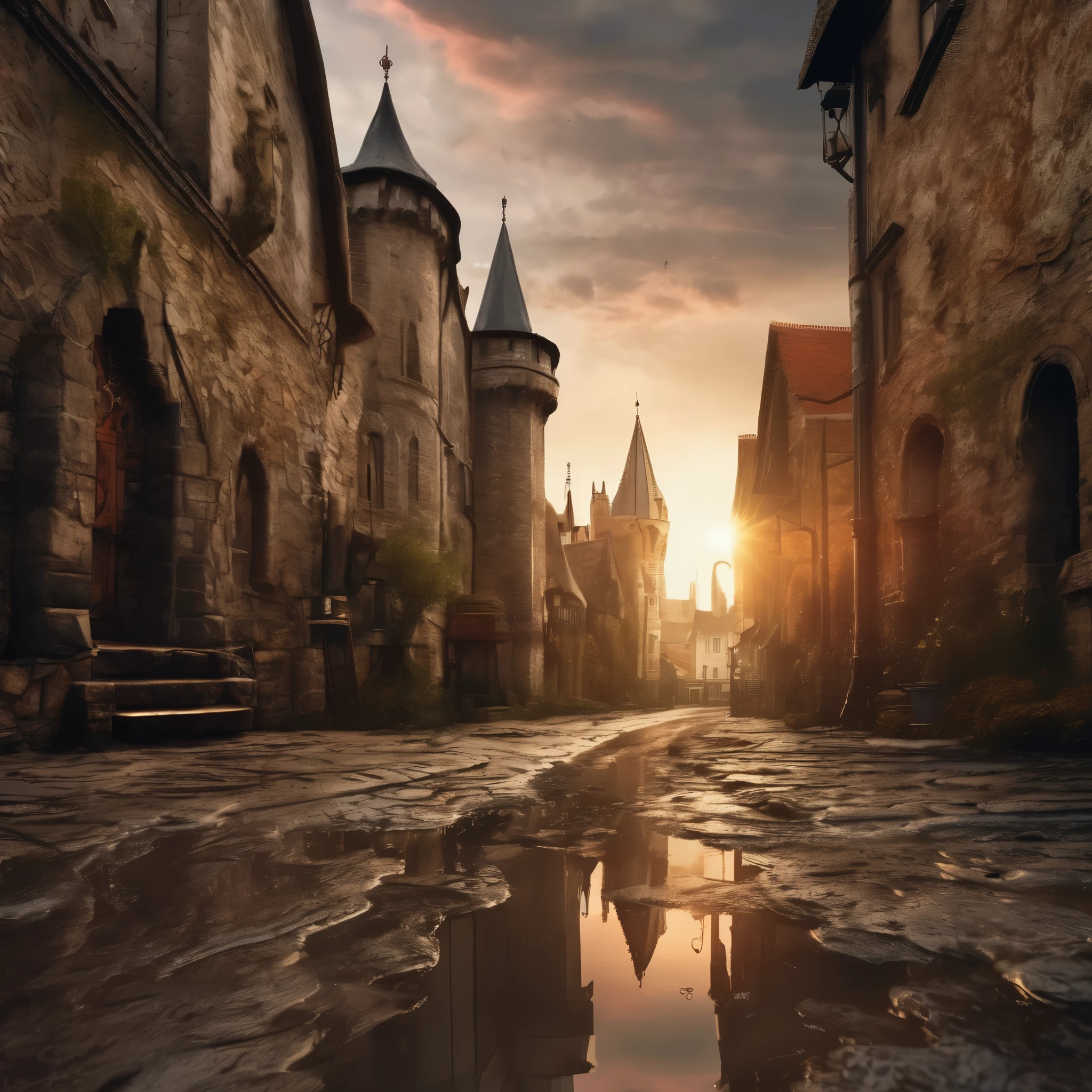 Medieval city, very dirty narrow streets, puddles, mud. In the background you can see a huge castle with battlements, sunset, UHD, high quality photography, style of Raymond Swanland