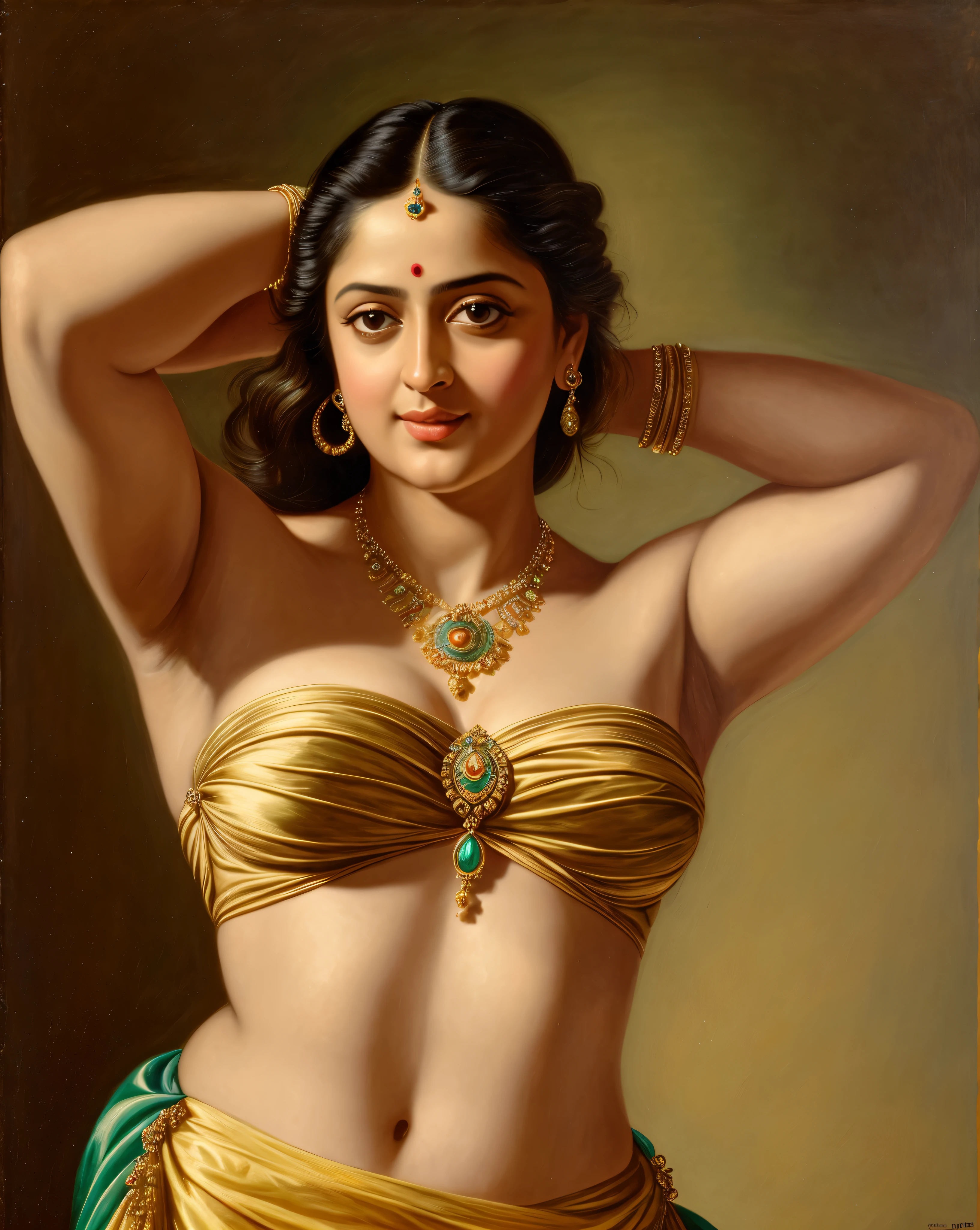 Looks like Anushka Shetty, Masterpiece, Best quality, high clarity eyes, critically flawless,sharp picture, Full portrait, High pixels, perfect face, perfect eyes, beautiful face, perfect hands,perfect fingers, in Peter Paul Rubens style, by Peter Paul Rubens, baroque style, acrylic on canvas, highly detailed, description: "Create a nymph inspired by the tales of Greek or Roman mythology, embodying the essence of a natural element or location, and possessing a unique ability or trait that sets her apart.", strapless Bra of ancient times, strapless bralette, armpits showing, detailed armpits, ravishing beauty queen,