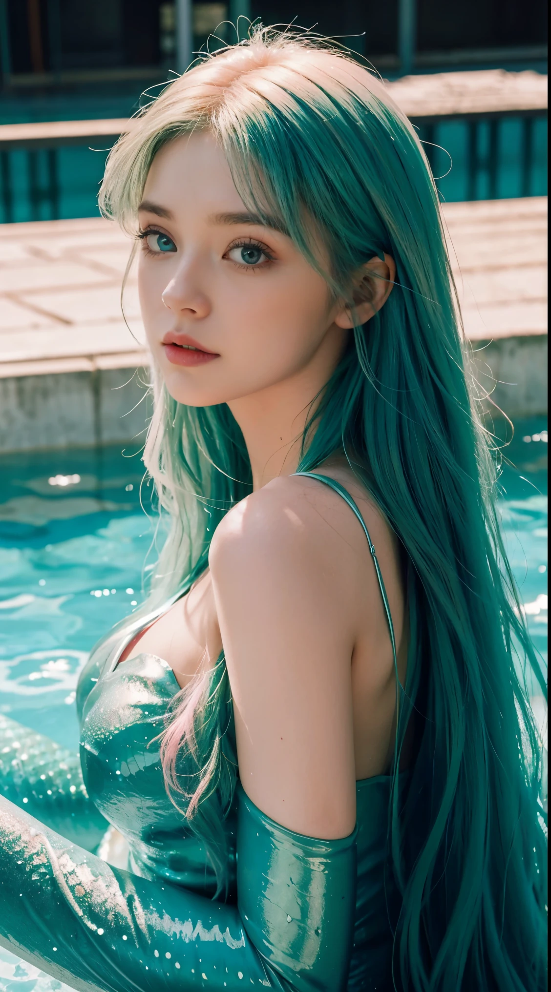 Beautiful mermaid , Green Long Hair , Blue Eyes , Pink mermaid Fin , Big