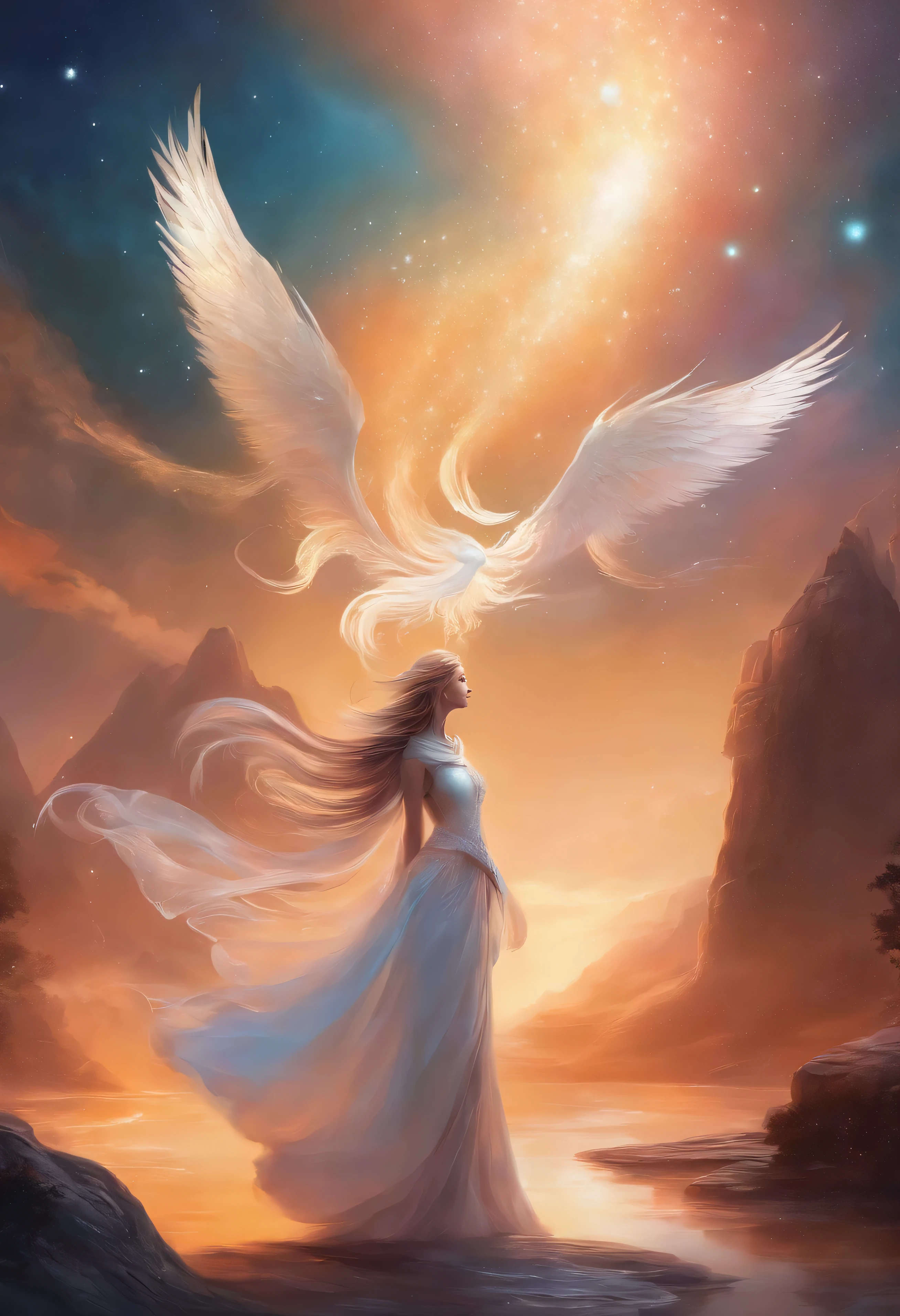ser de luz branca, made of white solid neon, sem detalhes no corpo, assexuado, sem vestido, is neither a woman nor a man, faz movimentos delicados e amorosos no ar, deep down there is the cosmos
