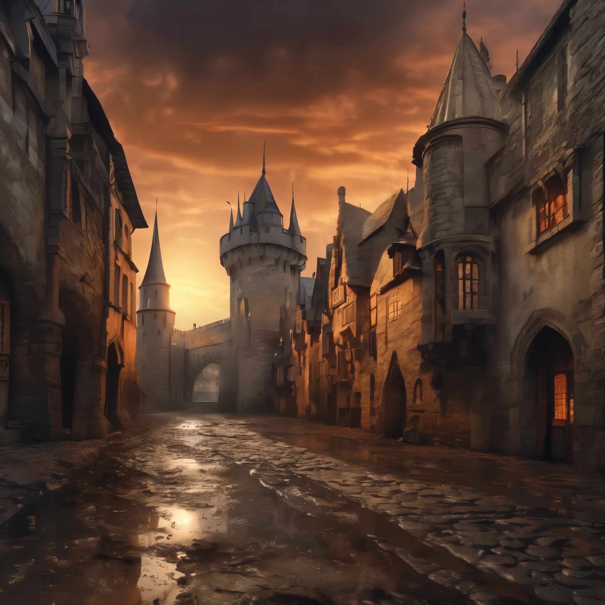 Medieval city, very dirty narrow streets, puddles, mud. In the background you can see a huge castle with battlements, sunset, UHD, high quality photography, style of Raymond Swanland