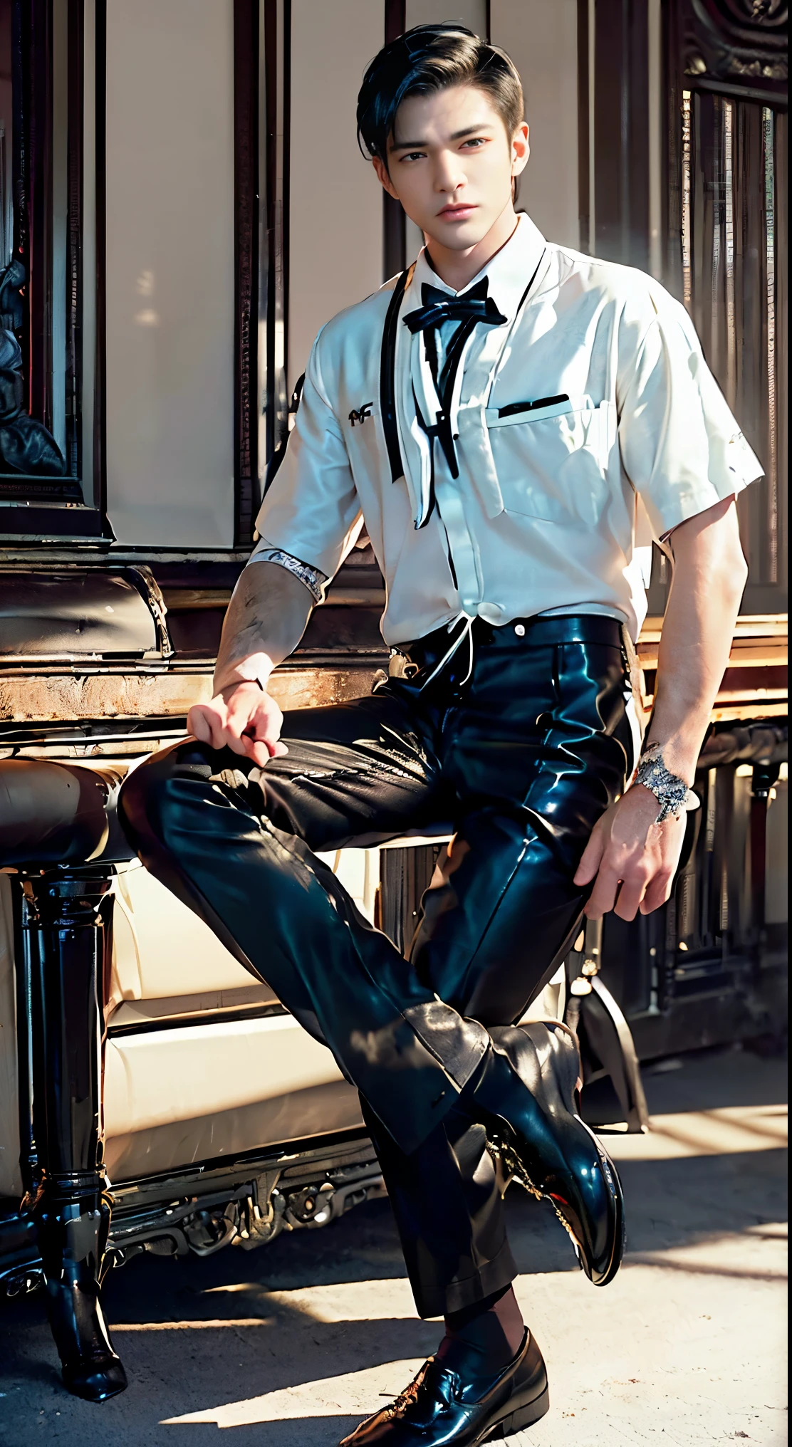 Masterpiece, Excellent, (Office: 1.5), CG drawing with super high detail, handsome, cold face, expressionless,, (a man with short black hair, white shirt, black tie, black pants, leather shoes, a little scum: 1.8),, Inside the president's office, luxurious, sitting on a chair, facing the audience, illustrations