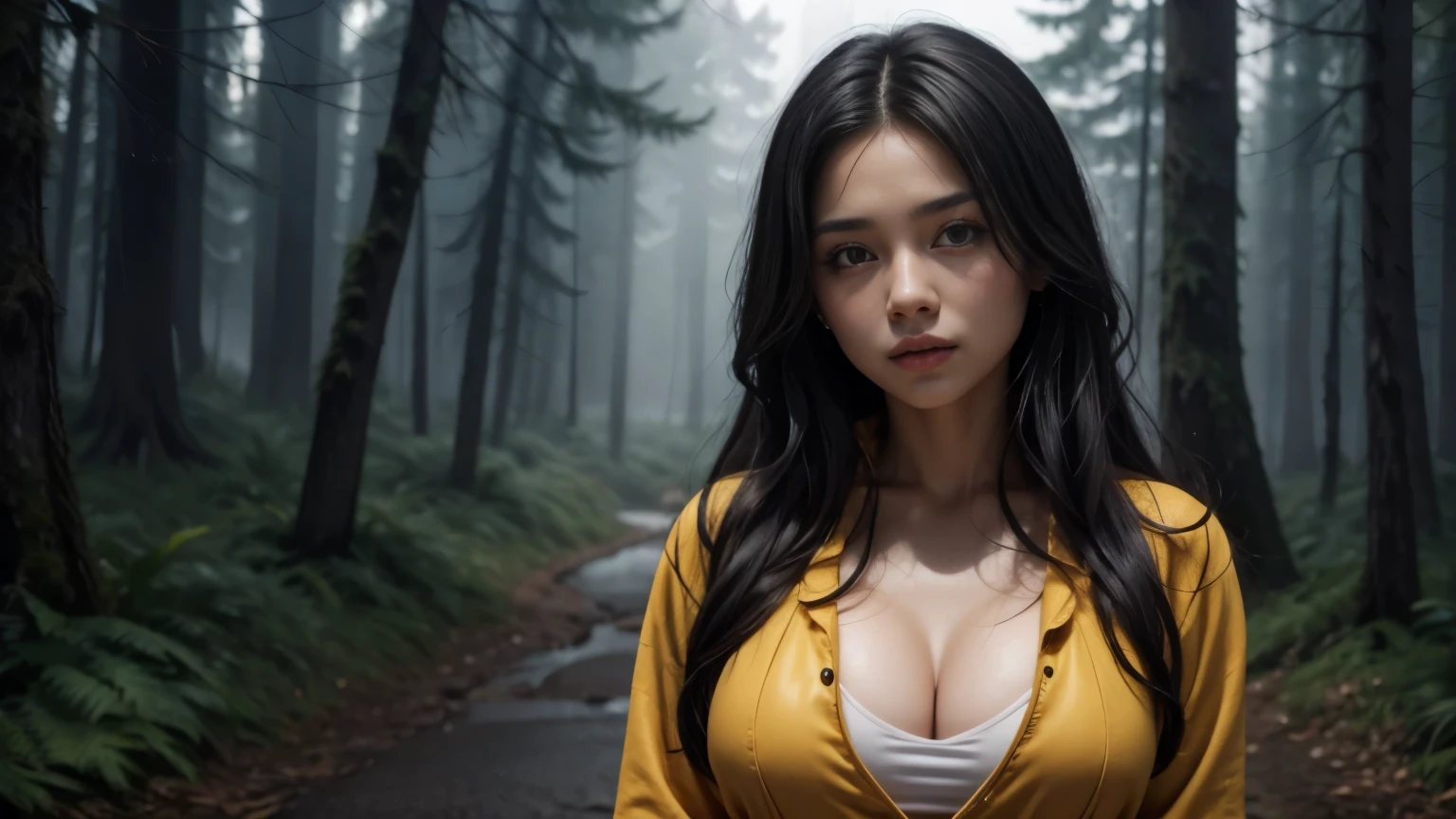 Best quality, masterpiece, Beautiful, two young latina woman, looking straight at viewer, wearing simple shirt and jeans, open yellow jacket on top, posing on path, professionalism, age, detailed face, detailed body, symmetric face, big cute eyes, cute face, dynamic pose, tattooed hands, deep cleavage, perfect anatomy, photorealistic, curvy body, black braid hair, 8k, ultra realistic, foggy forest background, rainfall, rainy weather, wide desktop wallpaper, ambient occlusion