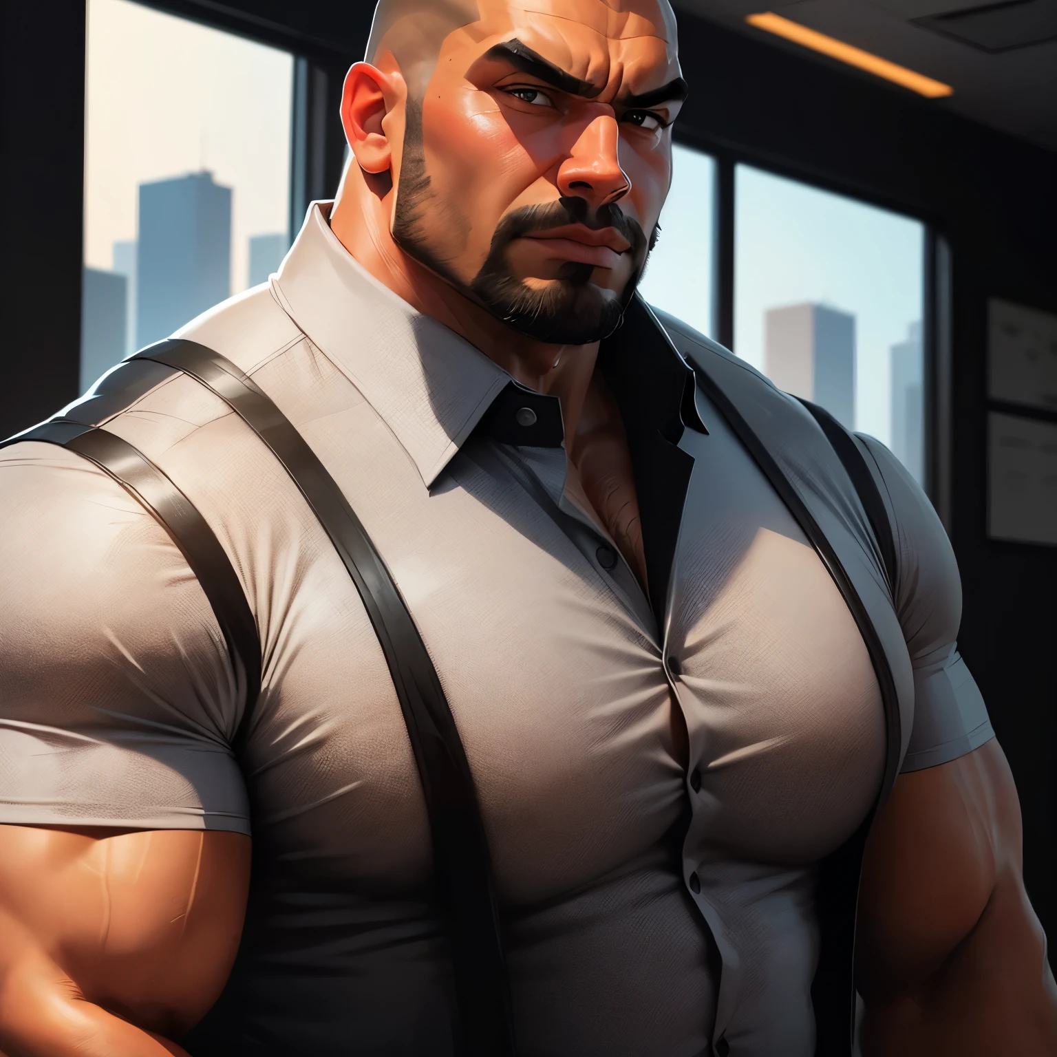 an exaggeratedly muscular and large bald bodyguard, beefy build, mixed race, looking to the side, surprised expression, (wearing black business casual collared shirt: 1.2), name tag, (bara pecs: 1.3), (arm and chest hair: 1.1), close-up portrait HD, bright corporate office with large windows
