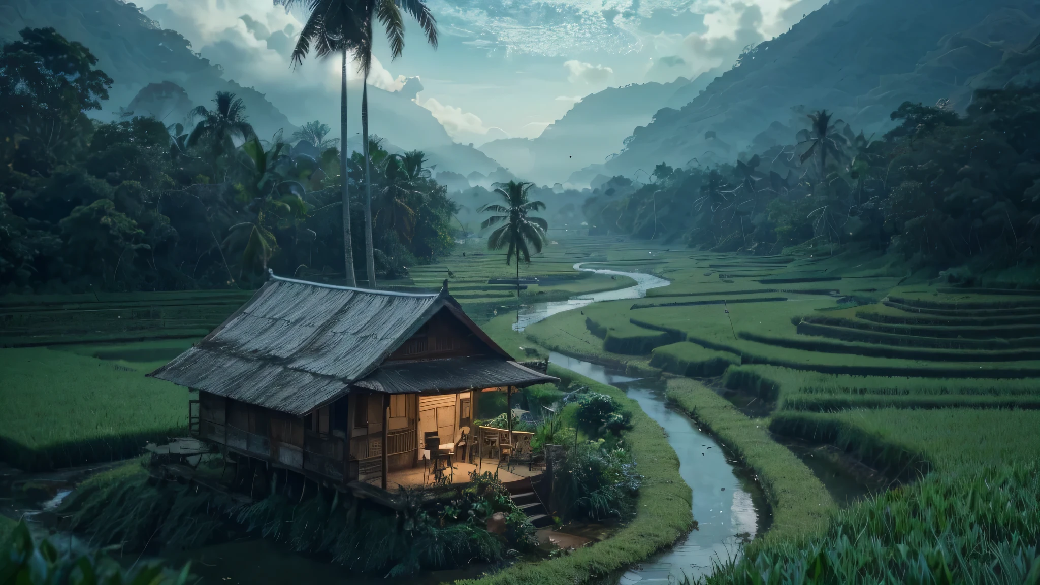 Gubuk atap seng sedikit berkarat pohon hijau cerah pepohonan ayam sedikit samping air terjun kecil sungai mengalir jernih ada jalan naik batu besar jalan kerikil nyamping turun samping sawah hijau rata, sedikit lumut pakis bunga seorang wanita mencuci pohon pisang pohon kelapa, tanaman, latar belakang sawah rata sejuk langit biru gelap awan putih abu" ungu gelap mejestic cloud Ultra UHD ultra HD.50.ultra natural effect. Ultra HD Profesional Photographer Profesional. 