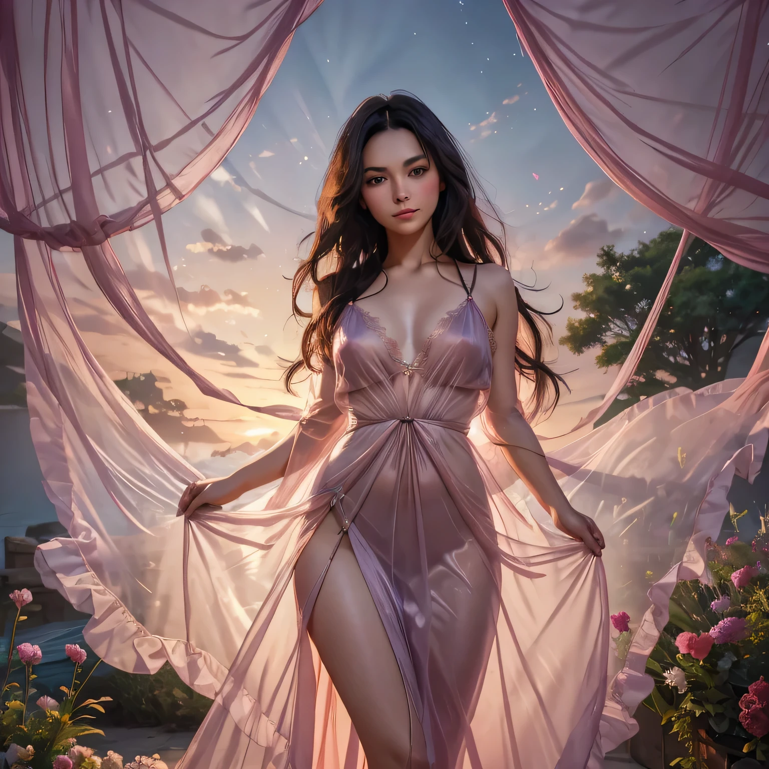 1girl,(bright lighting,romantic setting),dreamy background,,dark hair, mesmerizing gaze, , soft skin, alluring beauty, artistic portrait, high-quality image, vibrant colors,translucent long silk gown, mosquito net, romantic bedroom, sidesuspension,solobound