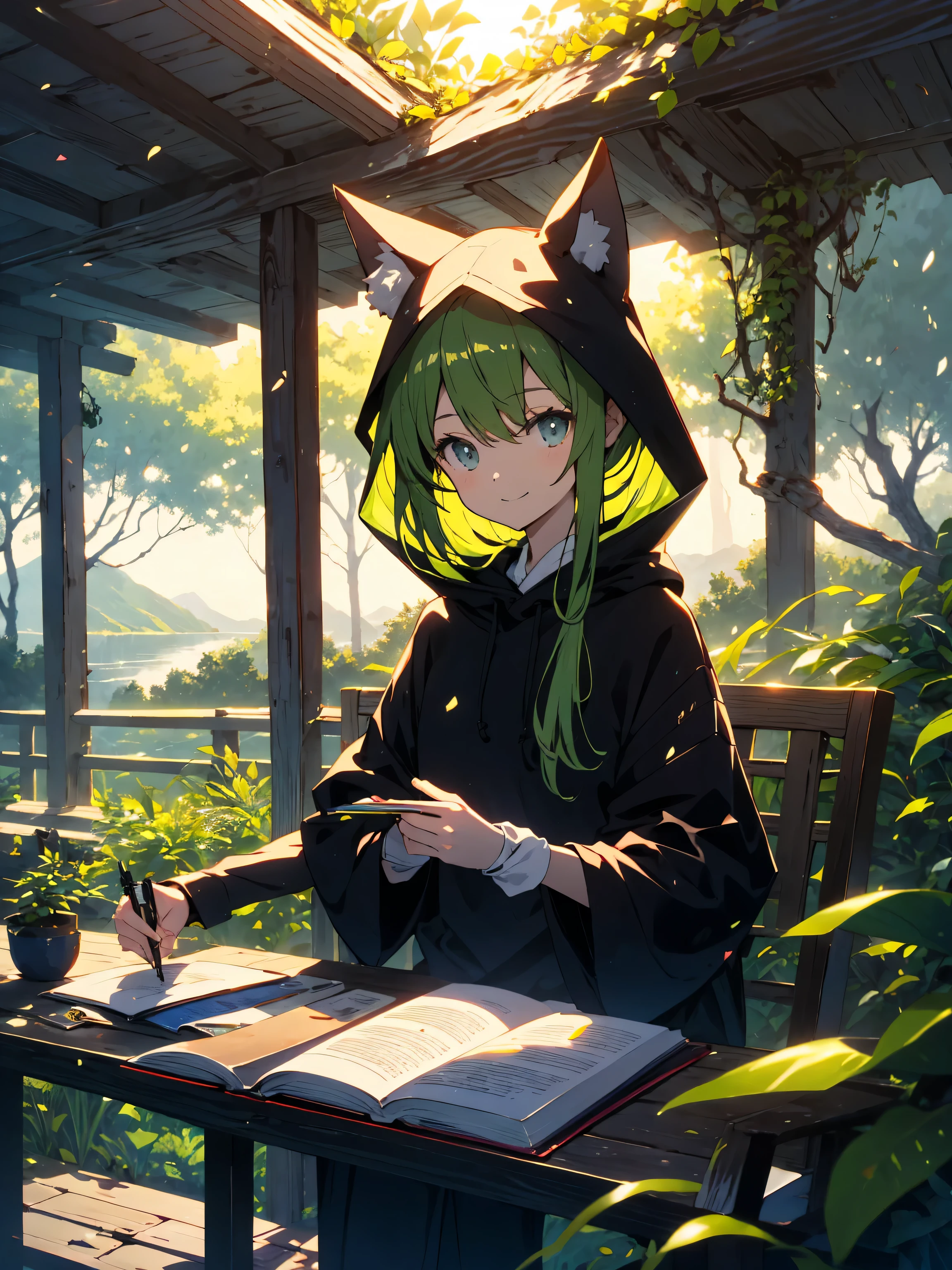 masterpiece, highest quality,(Shining eyes、detailed beautiful face)、(1 girl), sitting, animal, animal ears, bird, black_hair, Book, Bookmark, branch, gloves, Grass, green hair, holding, holding Book, hood, hood down, leaf, looking at the viewer, multicolored hair, open_Book, partially fingerless gloves, pen, plant, Pouch, Quill, read, sitting, smile, alone, tail, wood, wood stump,, null, sun, Mountain, forest, lake、(highest quality、masterpiece、High resolution、detailed)、(beautiful anime)