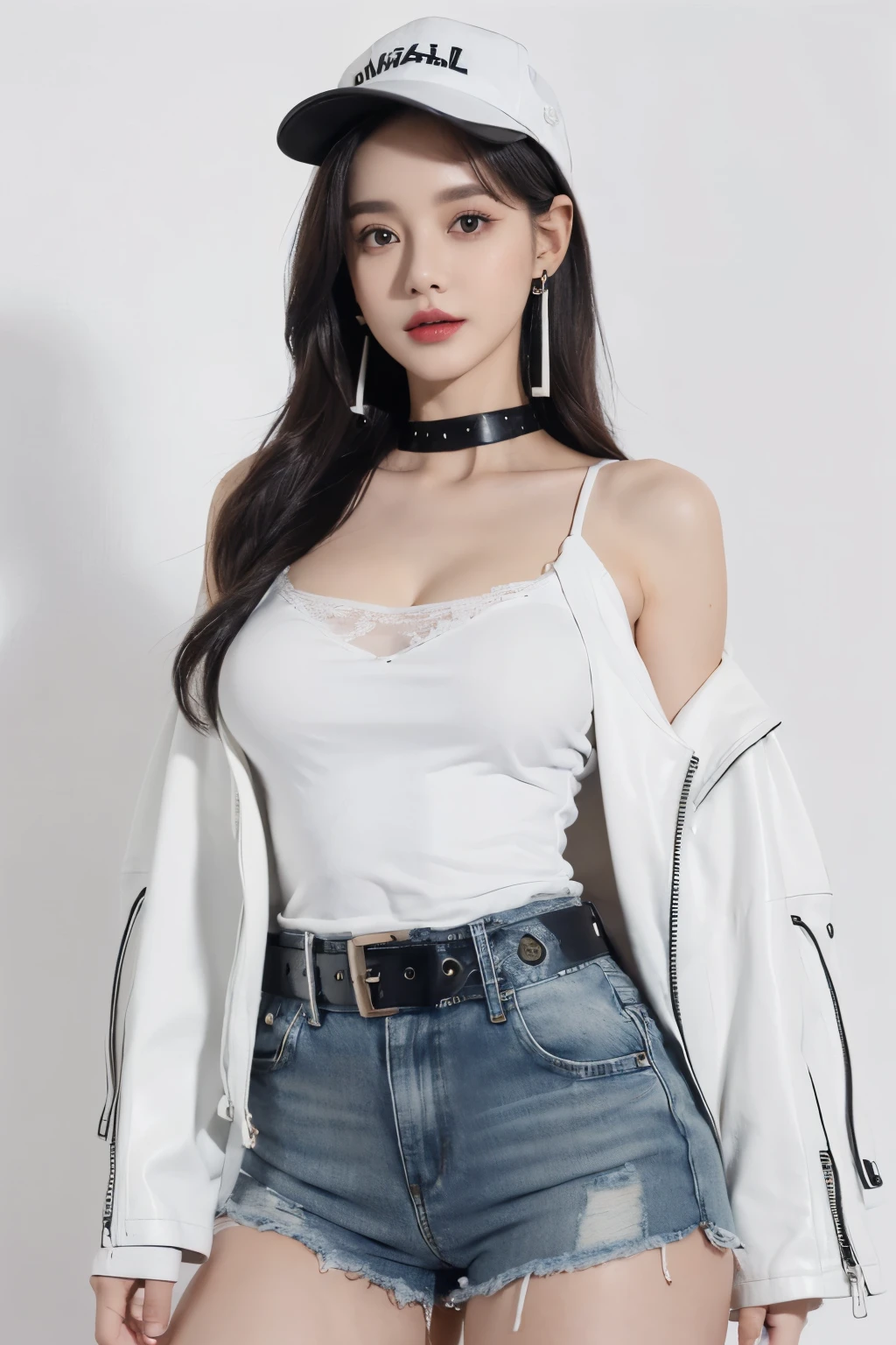 (lifelike,high resolution：1.3）， A slim girl， The face shape and eyes are super delicate,black hair,red glossy lips,(beautiful face), (best quality), (Super detailed), (Extremely detailed CG unified 8K wallpaper),(White background),sexy look,big eyes,(standing),sexy pose,Character centered,perfect breast shape,cleavage(Black duckbill hat, white camisole, black leather jacket, belt, denim shorts. Earrings, black neck decorations),Big ,Vest line,
