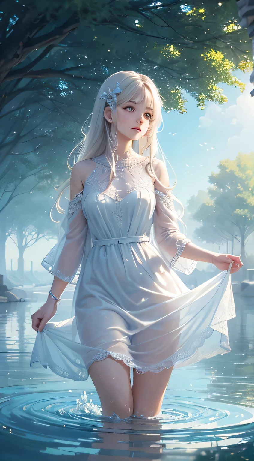 Image: A serene landscape with a woman in a white dress walking gracefully through the water.
The painting captures a moment of tranquility as the woman in the white dress walks gracefully through the water, her dress flowing down her body like silk. The artist's choice of impressionist style infuses the scene with a dreamy quality, as soft brushstrokes evoke a sense of movement and fluidity. The gentle ripples in the water create a serene backdrop, adding to the overall serene and ethereal tone of the painting. In this peaceful setting, the viewer can almost feel the cool water under their feet and the gentle breeze caressing their skin.
Descriptive keywords: Serene, graceful, dreamy, flowing
Photographic style: Soft focus, pastel colors, dreamlike quality
Tone: Serene, ethereal, peaceful
Object: Woman in a white dress
Action: Walking gracefully through the water
(Hyperrealism),(Pixar style,colors),hyper detailed intricately detailed,fantastical,intricate detail,splash screen,fantasy,concept art,8k resolution,(masterpiece),melting,complex background,intricate detailed,bright colors,fantasy,concept art,digital art,intricate,oil on canvas,expert,insanely detailed,(Deep sharpness),(Incredibly detailed),(HDR),(Wallpaper),(Photorealism),Incredibly beautiful, detailed face,Detailed eyes, fine detailing,