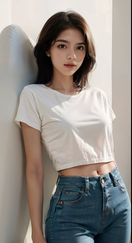  posando para foto em bra branco recortado e jeans preto apertado，Keep your arms behind your back，lesbian full body，com uma camiseta cortada、bra，Corpo fino，busto menor，modelo de  magra，Modelo feminina de 35 anos，cabelo curto，Round face with double eyelids，public space