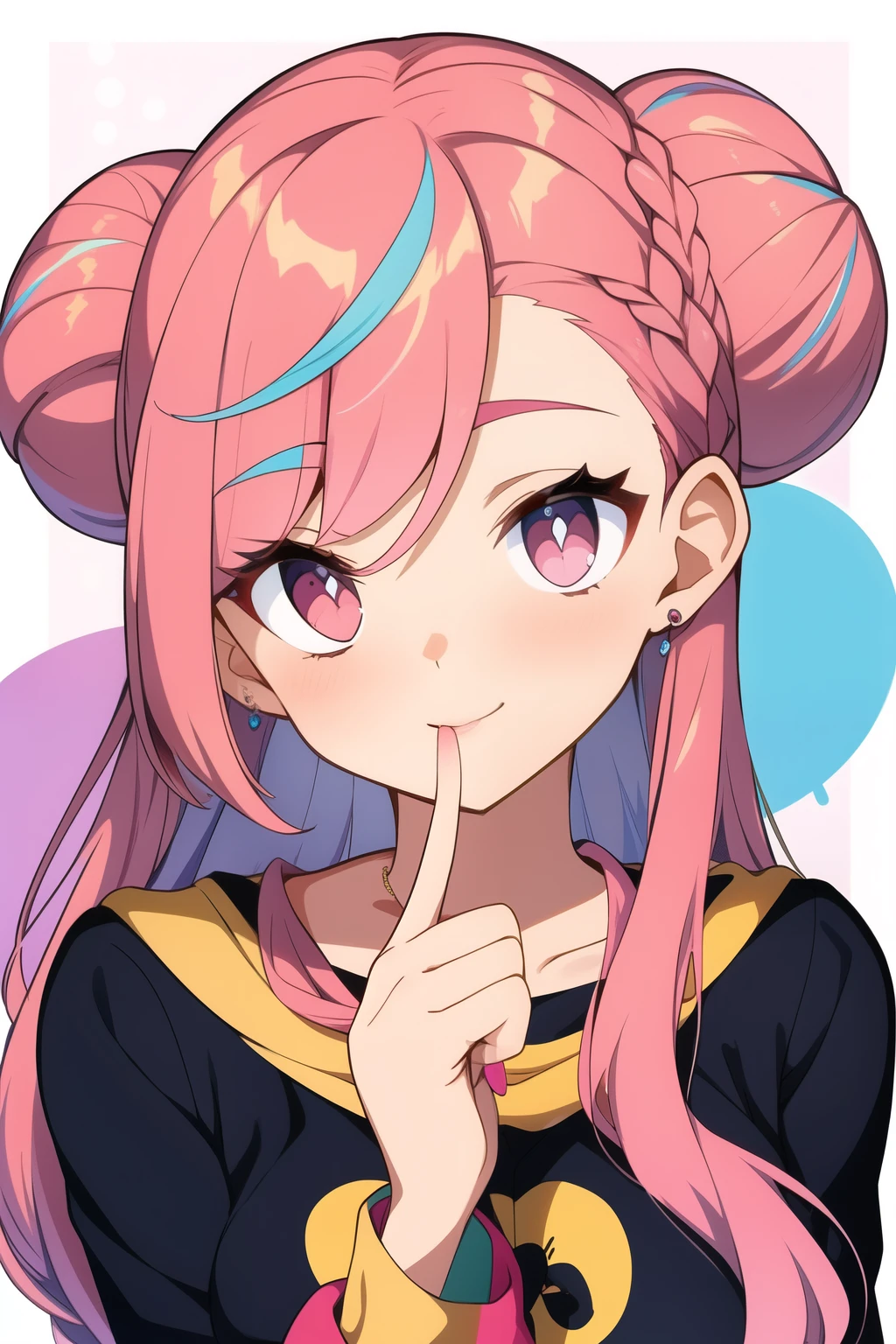 Mejor calidad, obra maestra, detallado, cara perfecta, chica joven, piel de tono morado medio rosa, long eyelashes, ojos grandes de color marron claro, long pastel pink hair tied in two large braids and two buns on top, orejas y cola de gata esponjosas y grandes, labios pintados de fuscia, small nose, cejas de color rosa pastel, furra, estilo anime, ropa colorida con estilo de los 80s