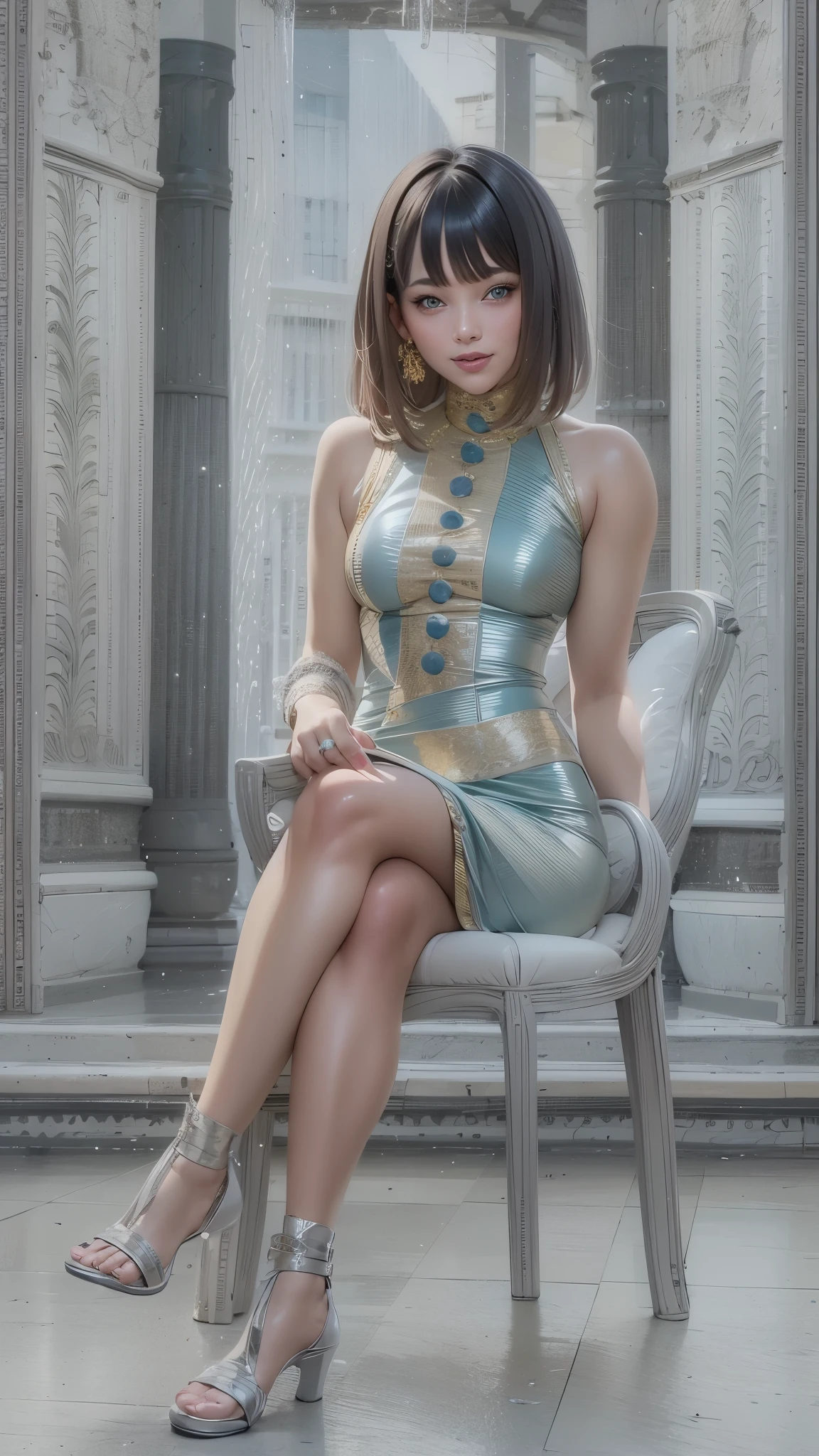 A very beautiful, well-groomed girl, with clear skin, beautiful lips, and a slight smile on her face. Beautiful figure, modern clothes, cool modern couture dress. Sexy. Presentation background, neutral gray-blue, in virtual space. Top quality, 16k. Full HD, Cinematic rendering. Create a piece of art that captures  Michela's unique beauty..., Famous Digital Influencer. Focus on her unique facial expression as she looks straight into the camera, trying to capture the intensity of her piercing blue eyes. Accurately capture her signature style with a Spanish-style hairstyle styled in two carefully crafted chignons. Add details that reflect her charming and avant-garde personality. We made sure to convey the aura of modernity and originality that characterizes Lil Miquela in the digital world. Some freckles and nevi, long hair, braided hair.