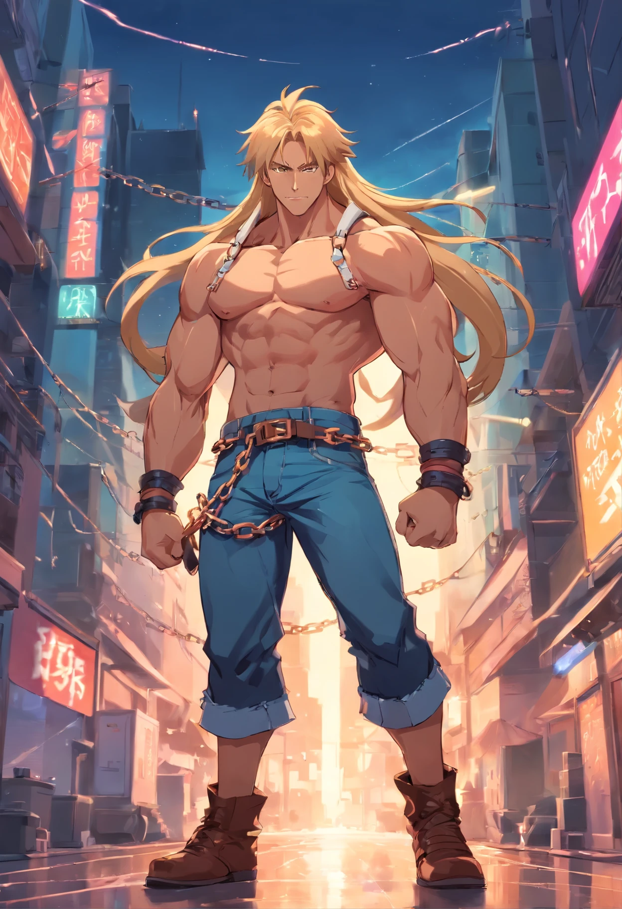 Berserker man with long hair, no beard, blond, very muscular, no t-shirt, jeans with chains, high ankle boots, medium tanned skin