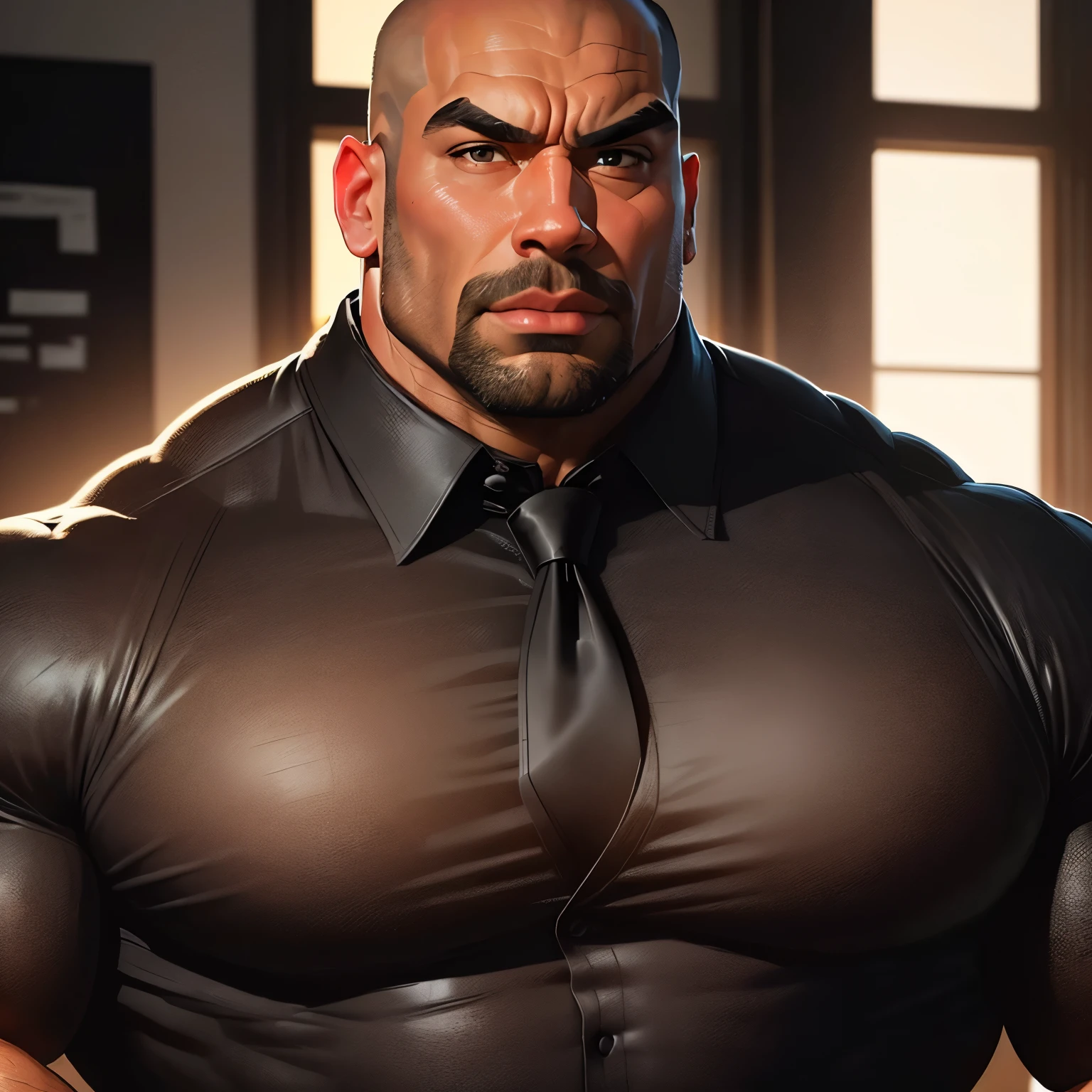 an exaggeratedly muscular and large bald bodyguard, beefy build, mixed race, surprised expression, (wearing black business casual collared shirt: 1.2), black necktie, name tag, (bara pecs: 1.3), (arm and chest hair: 1.1), close-up portrait HD, bright corporate office with large windows