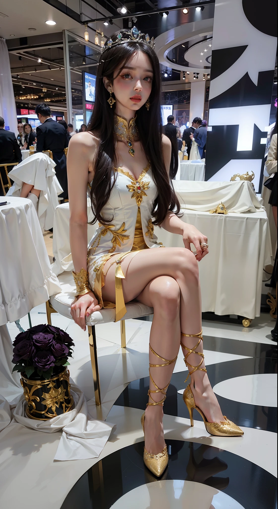 Royal sister,exquisite eyes,ice queen,put the crown on your head,Detailed facial expressions body,tall figure,Gorgeous,Leg length,4K,HD,Sensual,translucent lace,白皙plump figure,pretty face,Little cherry mouth,beautiful and delicious(3D royal sister),plump figure,gloss gel coat,Queen in luxurious dress,crystal gem decoration,Angel of light in armor,high-heel boots,Five fingers arranged neatly,legs crossed,穿黄金high-heel boots