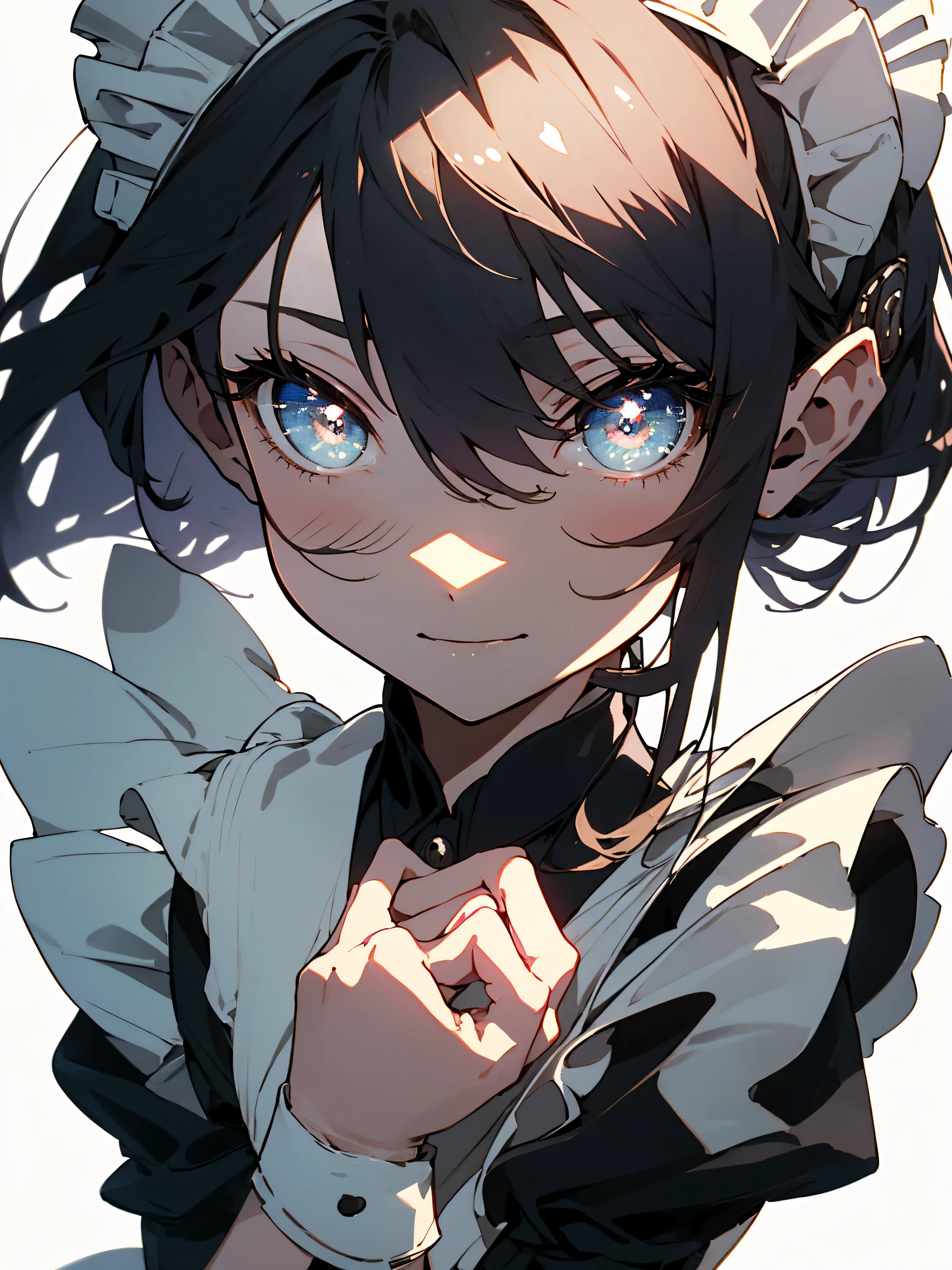 (highest quality、masterpiece、High resolution、detailed)､(Shining eyes、detailed beautiful face)、((beautiful maid:1.5),High resolution, highest quality),wearing a maid outfit,soft hands, big and bright eyes, dark and bright curly hair, cute smile, rosy cheeks, soft light, pure white background.  (beautiful anime)