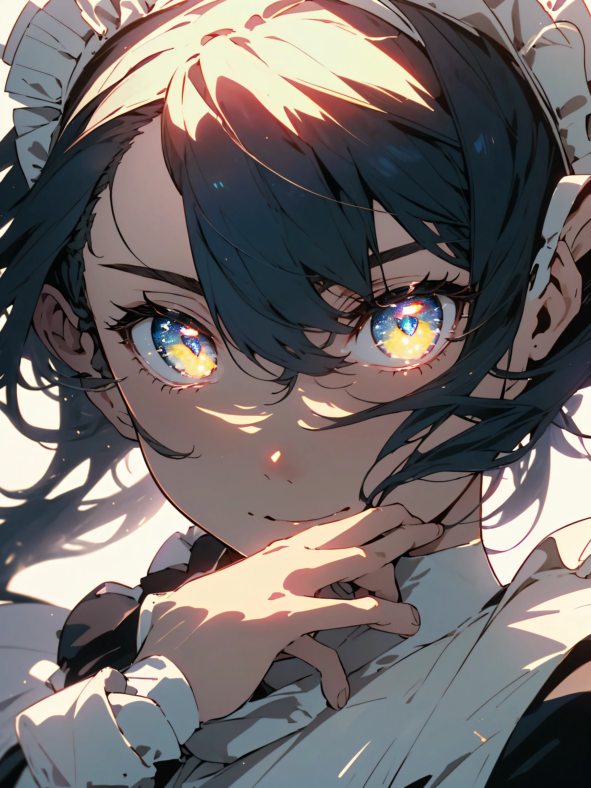 (highest quality、masterpiece、High resolution、detailed)､(Shining eyes、detailed beautiful face)、((beautiful maid:1.5),High resolution, highest quality),wearing a maid outfit,soft hands, big and bright eyes, dark and bright curly hair, cute smile, rosy cheeks, soft light, pure white background.  (beautiful anime)