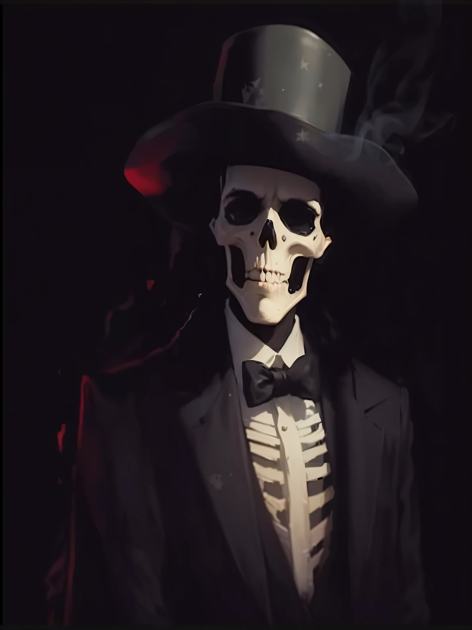 Uma Sombra Em um Smoking de gala com um chapeu preto(cartola) com olhos parecendo luzes de estrelas