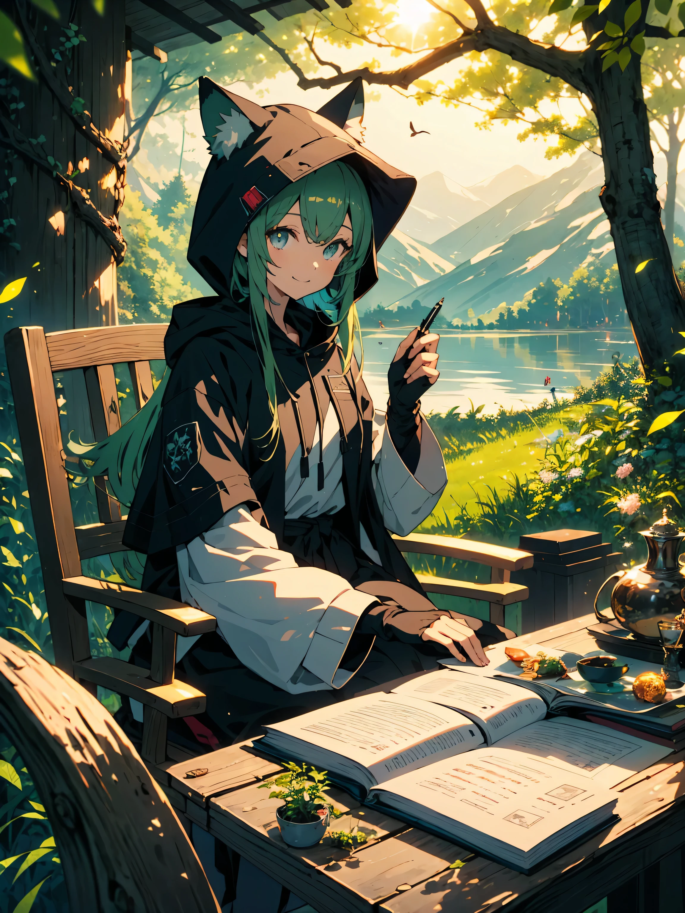 masterpiece, highest quality,(Shining eyes、detailed beautiful face)、(1 girl), sitting, animal, animal ears, bird, black_hair, Book, Bookmark, branch, gloves, Grass, green hair, holding, holding Book, hood, hood down, leaf, looking at the viewer, multicolored hair, open_Book, partially fingerless gloves, pen, plant, Pouch, Quill, read, sitting, smile, alone, tail, wood, wood stump,, null, sun, Mountain, forest, lake、(highest quality、masterpiece、High resolution、detailed)、(beautiful anime)