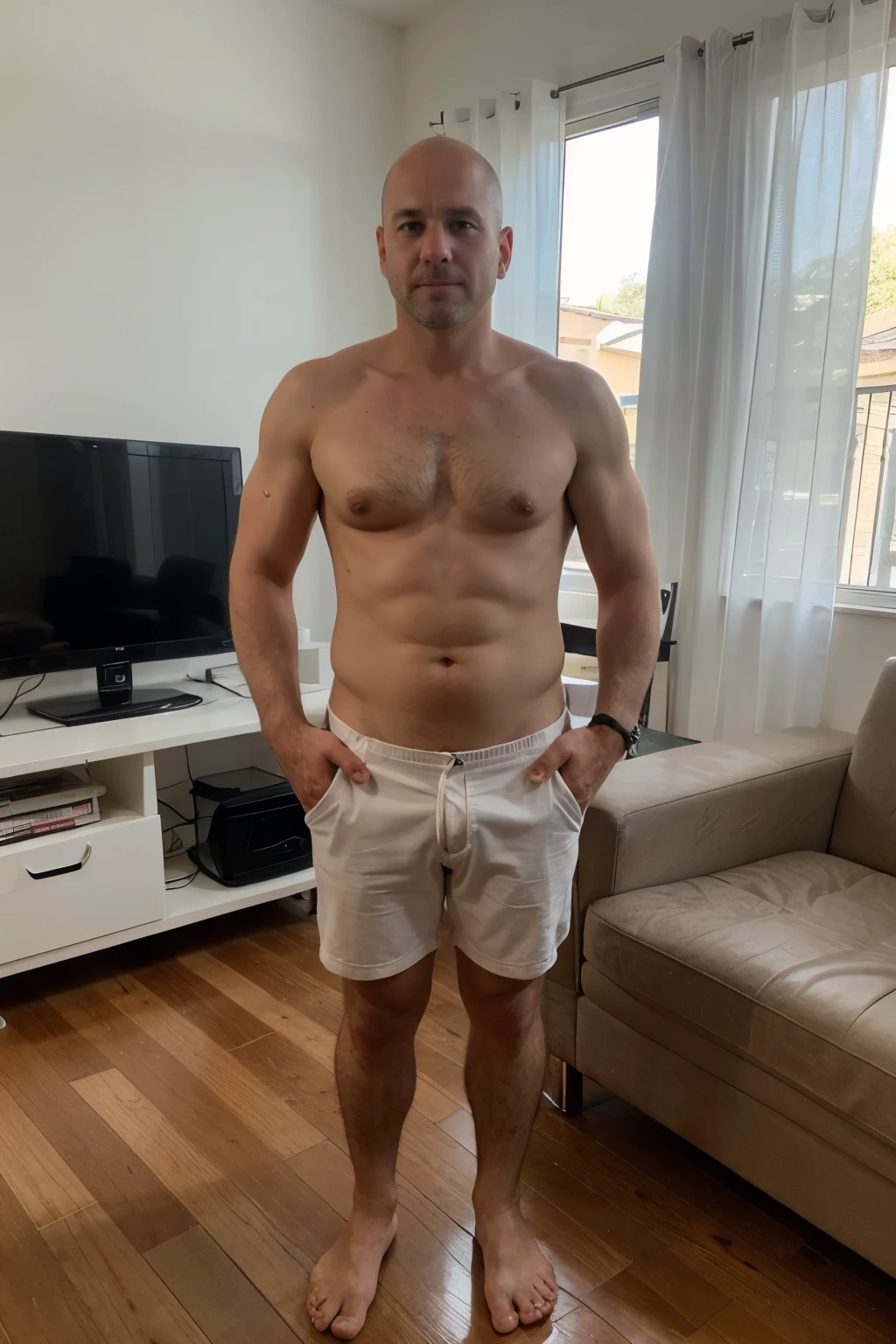 Frontal full body photo of a 37 year old bald man, flaco y alto, parado en la sala de su casa moderna