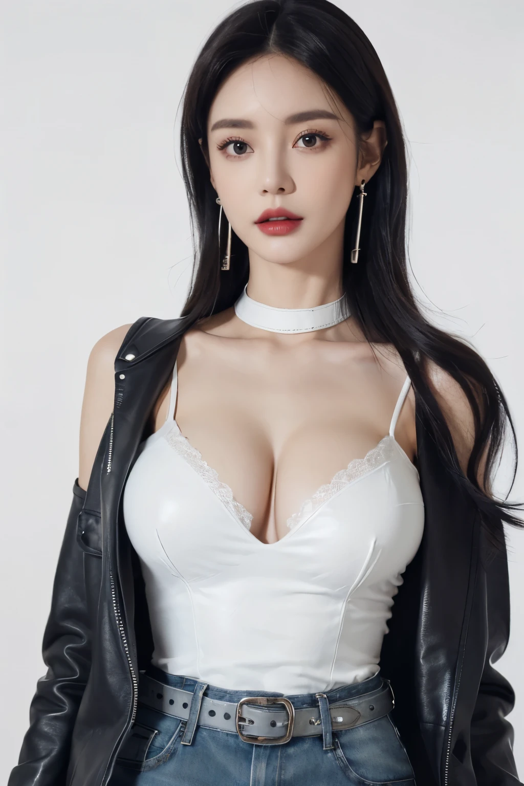 (lifelike,high resolution：1.3）， A slim girl， The face shape and eyes are super delicate,black hair,red glossy lips,(beautiful face), (best quality), (Super detailed), (Extremely detailed CG unified 8K wallpaper),(White background),sexy look,big eyes,(standing),sexy pose,Character centered,perfect breast shape,cleavage(Black duckbill cap, white camisole, black leather jacket, belt, denim shorts. Earrings, black neck decorations),(Big ,big breasts),Vest line,
