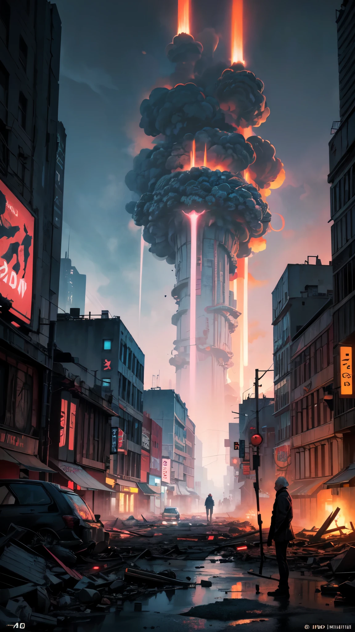 In an anime artwork picture, visualize an old man holding an AK47 in a destroyed city after a nuclear blast. The scene should be depicted in a neon noir style, which emphasizes vibrant neon lights and dark atmospheres. The artwork should showcase highly detailed characters and surroundings, resembling a key visual from a studio anime. The image quality should be the best, with a resolution of 4k or 8k and a high level of realism (photorealistic:1.37). The color tone should reflect the neon lights, creating a futuristic and dystopian atmosphere. The lighting should be dramatic, with sharp contrasts between light and shadow.