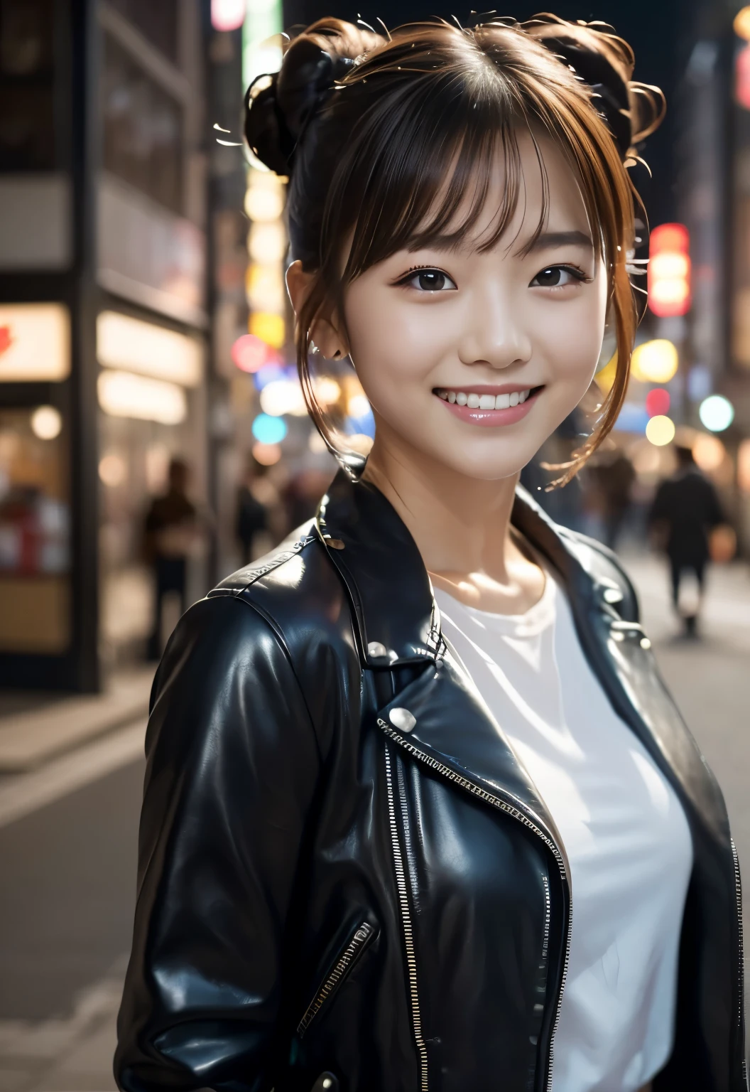 (((City:1.3, outdoor, Photographed from the front))), ((bun hair:1.3,leather jacket,Smile,japanese woman,cute)), (clean, natural makeup), (highest quality, masterpiece:1.3, 超High resolution), (Super detailed, caustics), (realistic:1.4, RAW shooting), very detailed, High resolution, 16K resolution