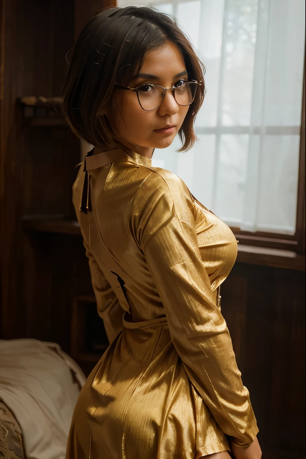 ( (8K:1.27), Best Quality, Masterpiece, Ultra High Resolution:1.2) Photo Beautiful indonesian Woman, Sarah viloid,wear glasses, (Sweat: 1.0)(Beauty: 1.1) (Dress: 1.21) Greg Rutkowski and Alphonse Mucha design intricate elegance, fantasy, detail, geometry, gradient lighting, 1girl, delicate skin, looking at the viewer, brown eyes, wear glasses, (flaxen short hair: 1.2), (medium breasts: 1.0), (Medium areola: 0.8), (Realistic: 1.4), (Best Quality: 1.0), (Ultra High Resolution: 1.0), (No Hands: 1.0), 8K, RAW Photo, (Masterpiece: 0.2), (pureerosface_v1: 0.5), Beautiful buttock line