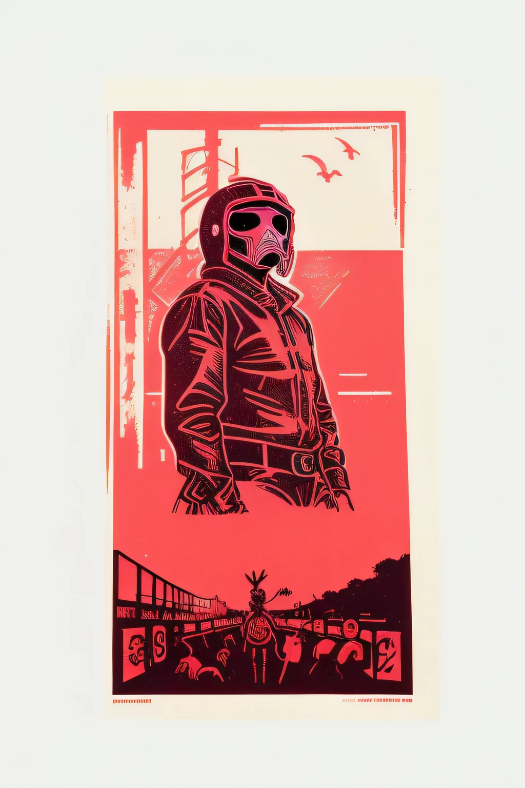 Hotline Miami, at the Bullfights. Great design and composition, Lino Cut Print, worn and bad print effects, vector print, flat illustration, ultra detailed, high quality, extremely fine and beautiful design, award winning, masterpiece, sharp focus, 8K, VSML, GBH