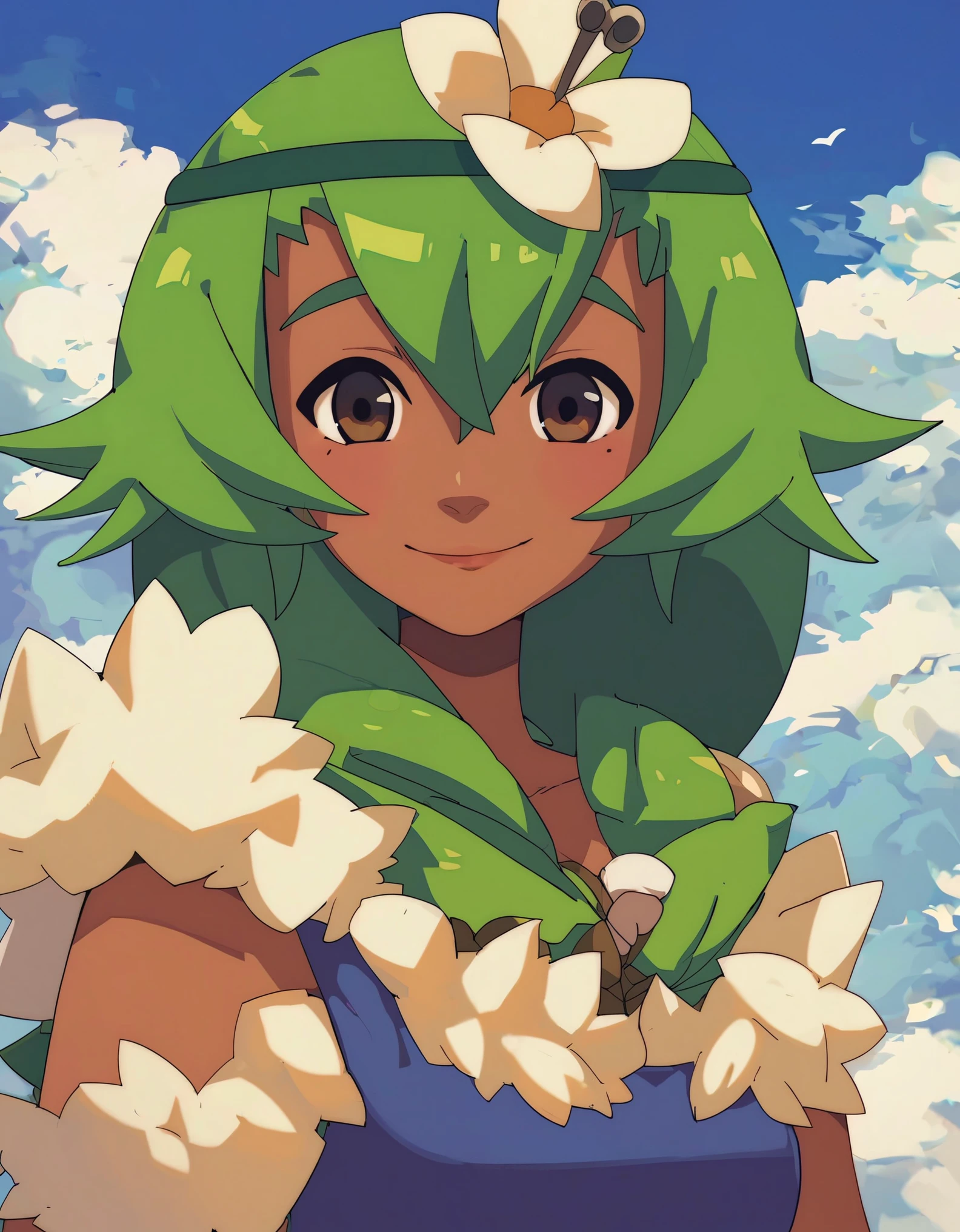 portrait, (score_9, score_8_up), score_7_up, score_6_up, anime screenshot, looking at viewer, clouds, 1girl, amalia sheran sharm, green hair, green hairband, hair ornament, hair flower, dark skin, brown eyes, portrait