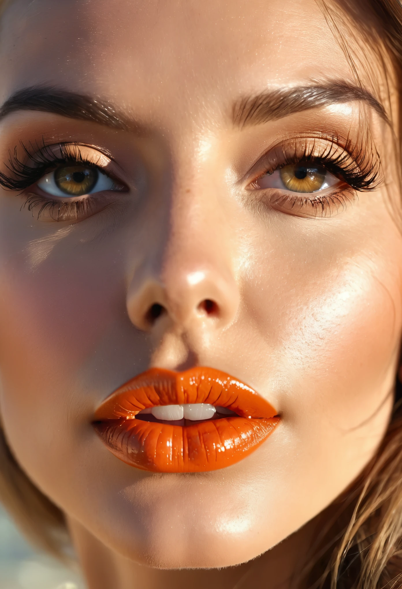 Beguiling beauty of a woman, posing for a photo in the sun. Volle Lippen. Strahlende Augen. Highly detailed face. Beautiful. Selfie. Close-up. Best Quality.