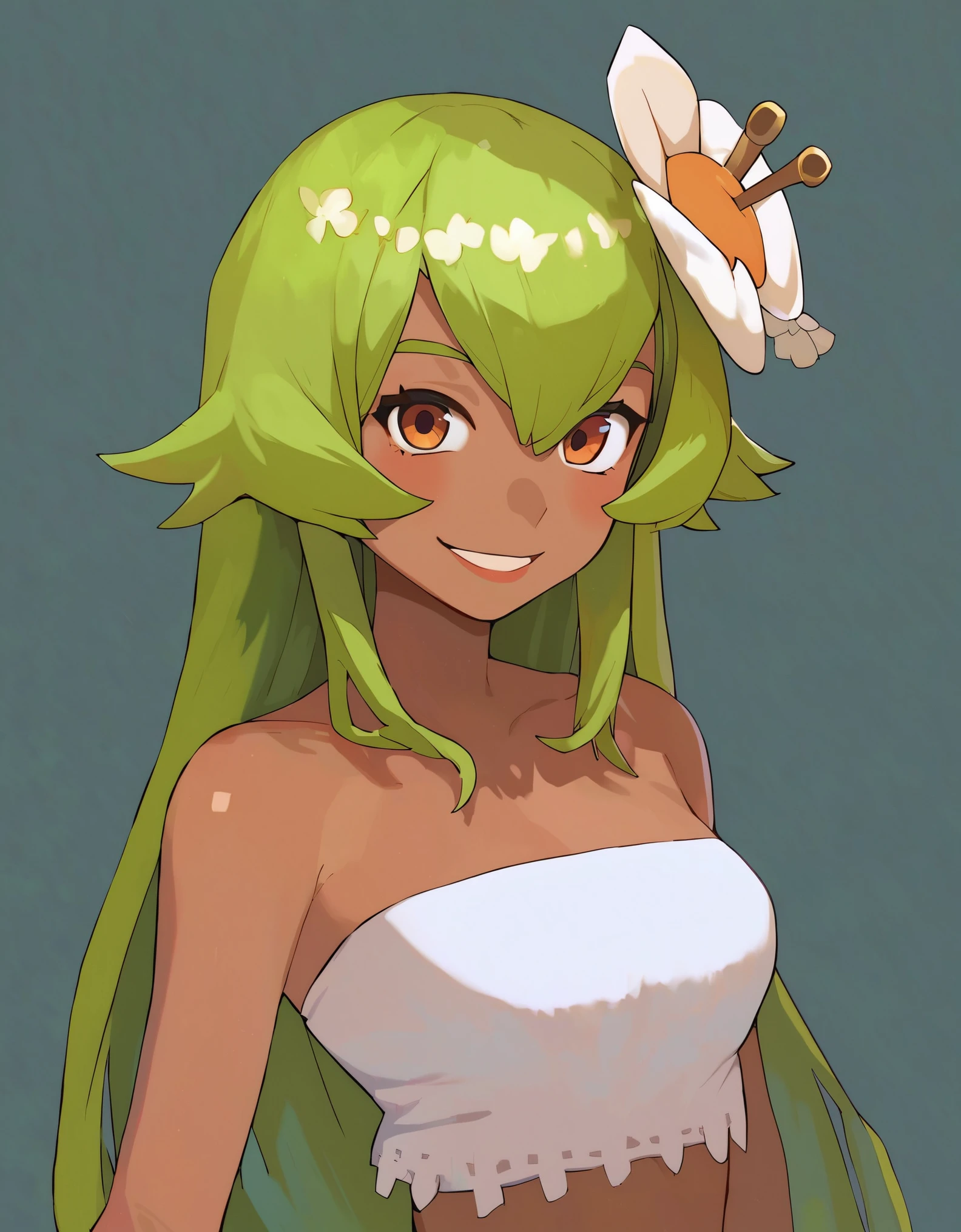 score_9, score_8_up, score_7_up, score_6_up, BREAK, source_cartoon, source_anime,
1girl, amaliayoung, green hair, long hair, hair flower, dark skin, bare shoulders, tube top,
upper body, smile, looking at viewer, solo, simple background 