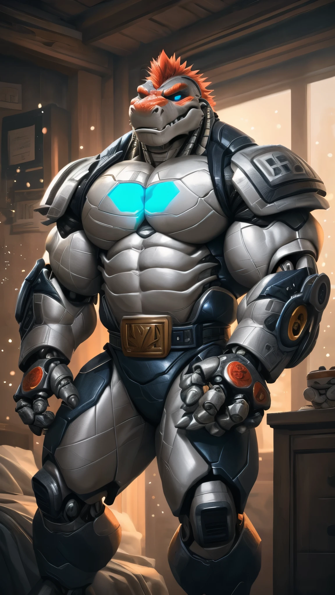nj5furry, Pieza maestra, mejor calidad, High resolution, Pintura digital \(arte\), por (Por Canyne Khai, (Por Takemoto Arashi), por Null-Ghost, por kiyosan, por milkytiger1145), MontgomeryGator, mecha, animatronic, articulaciones, robotic joints, robot, robot no humanoide, solo, 1antro macho, 1er grado, scalie, alligator, Mohawk Rojo, Gafas de sol Star, Cola de cocodrilo, cuerpo completo, Dinero clave, Guantes sin dedos, Ojos detallados, ojos rojos, Ojuelos, Ojuelos, sombras, sonrisa, Sonriente, glowing light particles, light particles, burbujas brillantes, nubes, sombras, in the room, Standingn, Guardarropa, cama, ventana, con un gran bulto en la ropa interior, Hacer que los brazos de lata vuelvan a ser