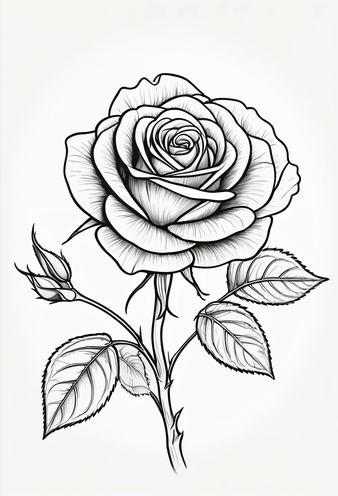 Line drawing, Pixar style, coloring page, one rose with five leaves in the middle , ColoringBookAF,blank white background,ColoringBookRedmond-ColoringBook