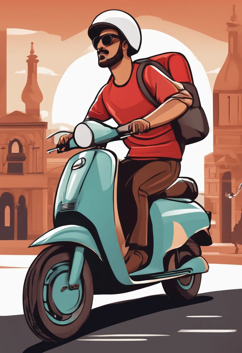 arafed man riding a red scooter with a Backpack on the back, moped, without helmet, hybrid, pizza, logo for lunch delivery, 1 st winner, pizza is everywhere, avatar image, motorcycle, svg illustration, biker, without text, riding a motorcycle, ride on time, vehicle illustration, commercial illustration, Insulated Food Delivery Bag, Backpack.