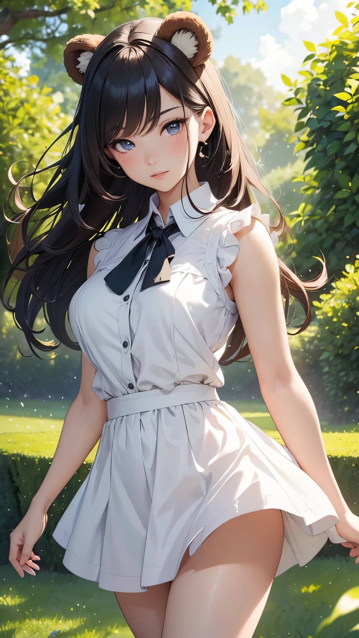 (best quality,4k,highres,masterpiece:1.2),ultra-detailed,realistic,portrait,girl,posh Japanese  (short skirt),attractive appearance,detailed eyes,detailed lips,extremely detailed face,beautiful detailed eyes,beautiful detailed lips,long eyelashes,stand on hands (skirt falling down, showing white panties with a cute bear),cute bear design on panties,stylish hairstyle,confident expression,fit body,graceful pose,green grass in the background,lush garden,soft sunlight,delicate shading,vibrant colors.