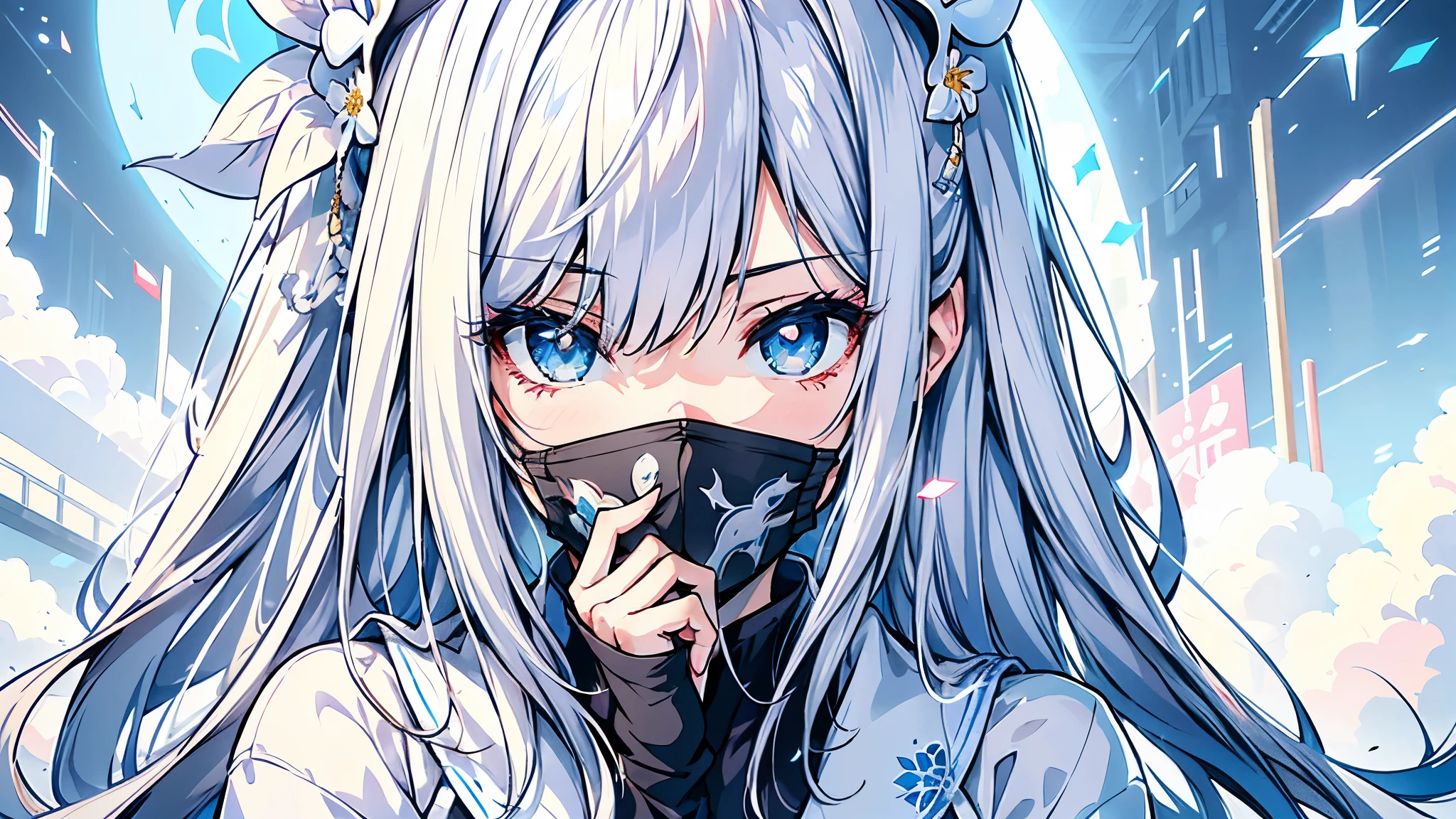 a close-up of a girl with a mask on her face, por la deidad blanca, La mirada penetrante de Yuki Onna., impresionante retrato de cara de anime, chica con ojos blancos, chica con pelo blanco, pelo blanco, anime fantasy illustration