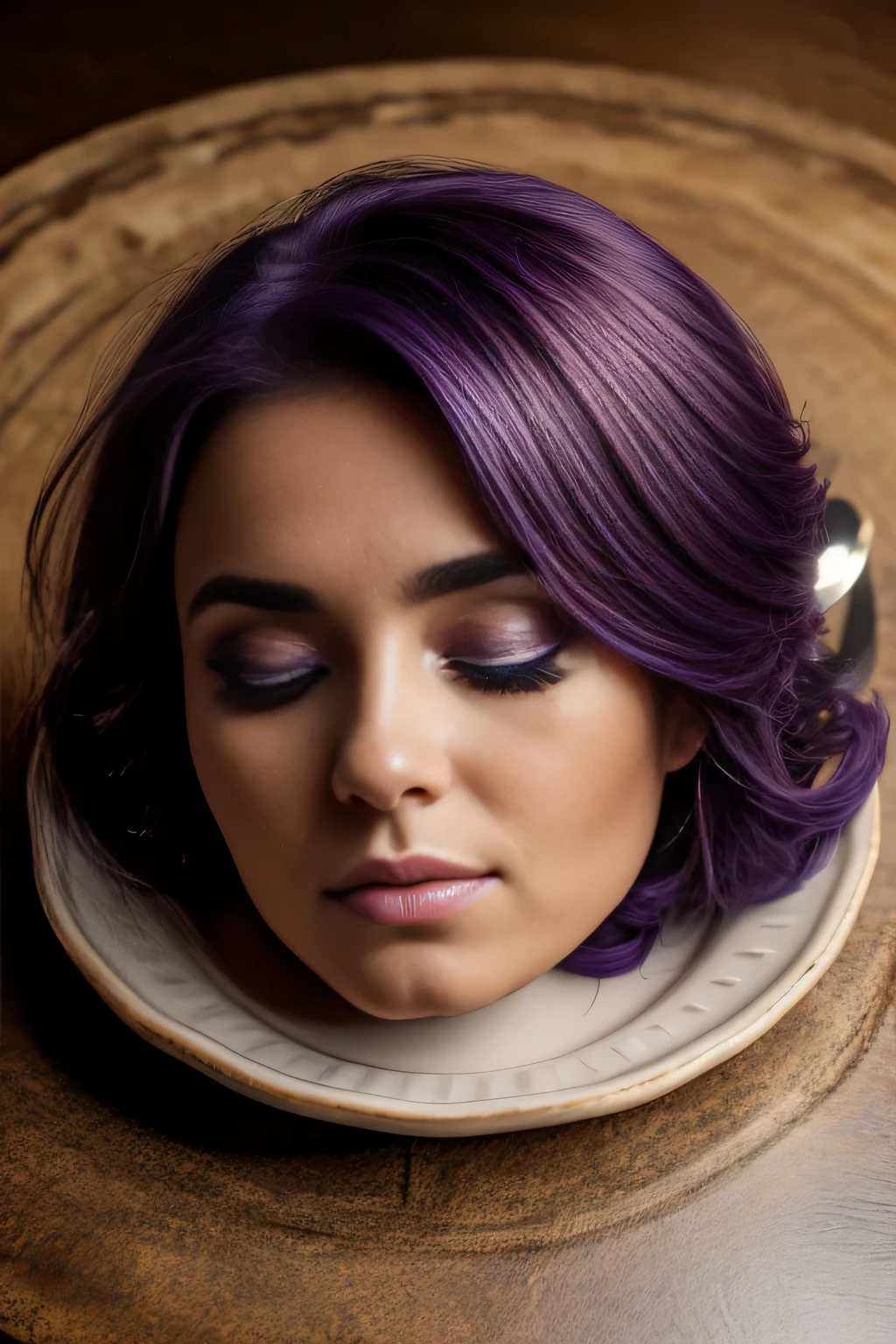 ((disembodied head on plate on a table)), detailed skin texture, Une photographie d&#39; female woman with a face, eyes closed, curled purple:0.8 hair, ((Lora:pretty makeup)).