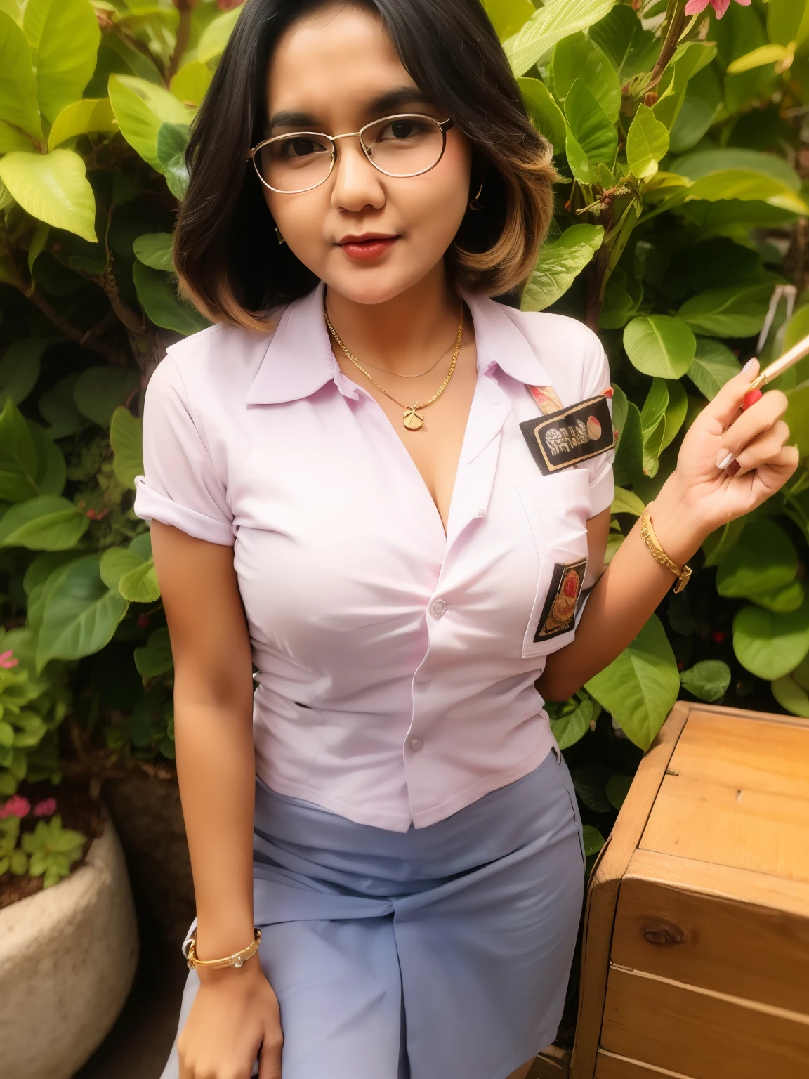 photography, woman,  Sarah viloid, wear glasses, portrait of woman wearing Indonesian_high_school, red lipstick,short skirt, open shirt buttons, medium breasts, 
golden necklace, earrings, ornate, detail, flowers, blurry background, soft focus