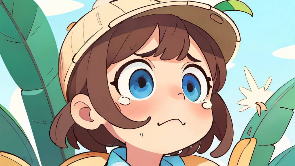 crying, tears, sad, banana hat, bananas background pattern, banana tree, blueish background, high detailed, fornite banana costume, shooting, explosion, high contrast, high saturation, guns, bananas, crying, big eyes, super close view, portrait, close up, front, girly brown hair, blue eyes