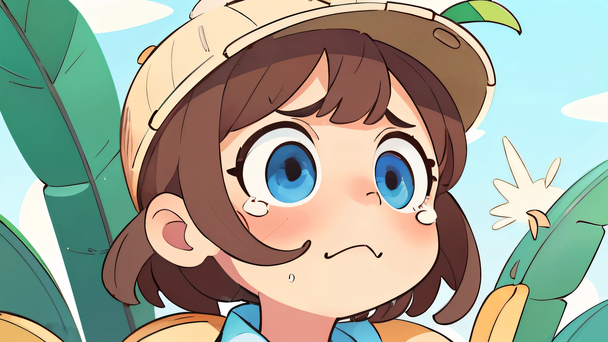crying, tears, sad, banana hat, bananas background pattern, banana tree, blueish background, high detailed, fornite banana costume, shooting, explosion, high contrast, high saturation, guns, bananas, crying, big eyes, super close view, portrait, close up, front, girly brown hair, blue eyes