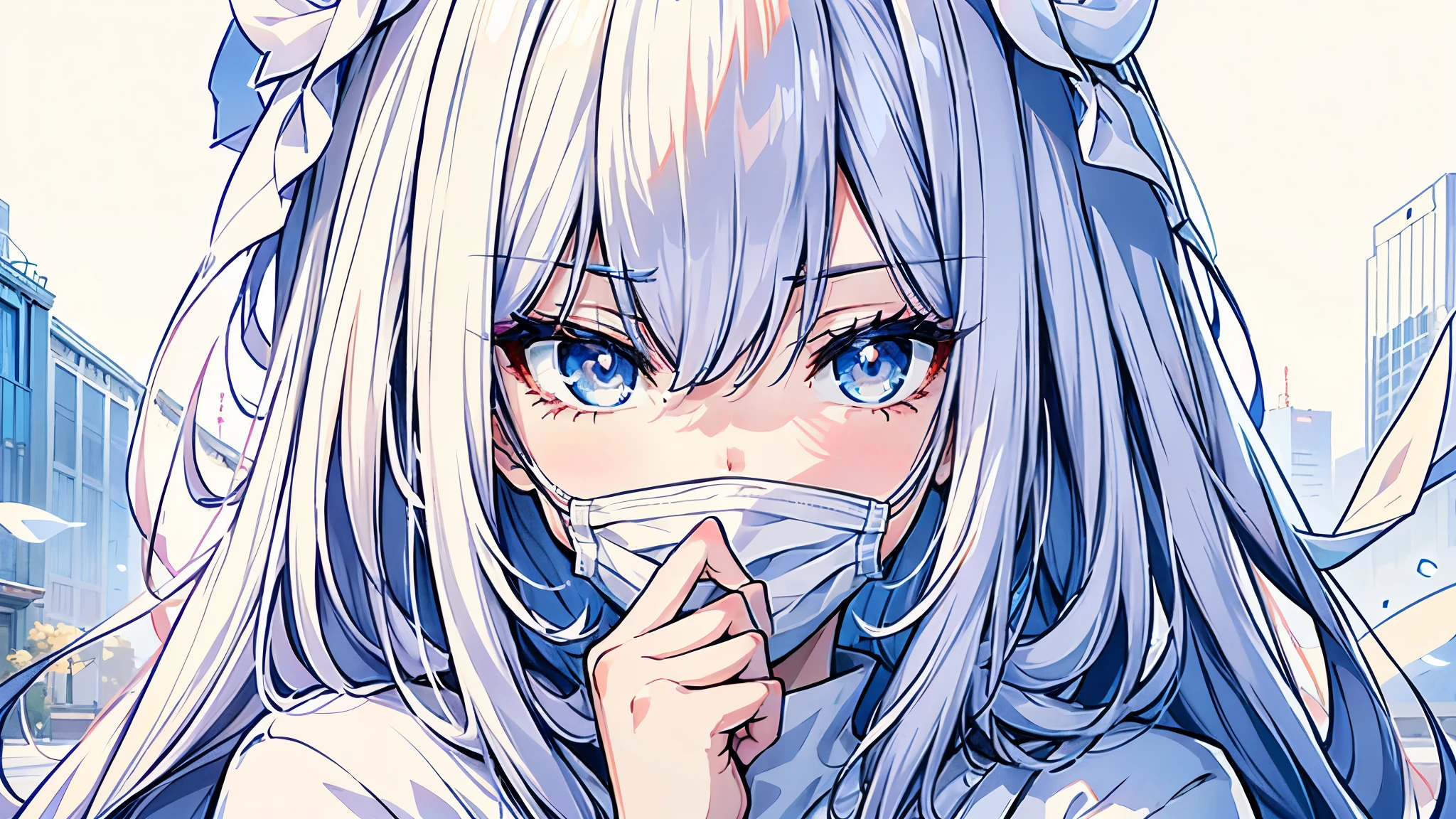 a close-up of a girl with a mask on her face, por la deidad blanca, La mirada penetrante de Yuki Onna., impresionante retrato de cara de anime, chica con ojos blancos, chica con pelo blanco, pelo blanco, anime fantasy illustration