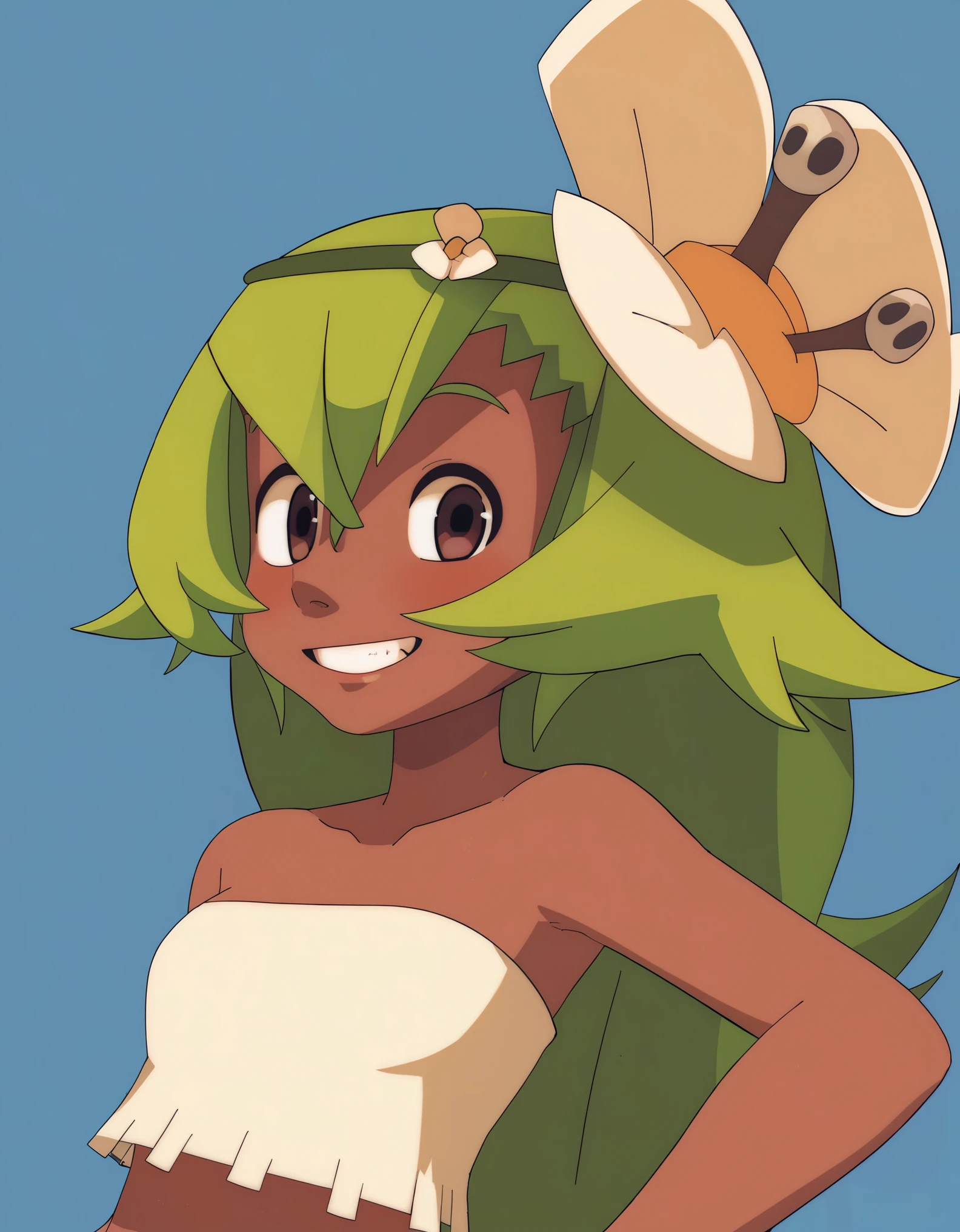 score_9, score_8_up, score_7_up, score_6_up, BREAK, source_cartoon, source_anime,
1girl, amaliayoung, green hair, long hair, hair flower, dark skin, bare shoulders, tube top,
upper body, smile, looking at viewer, solo, simple background 